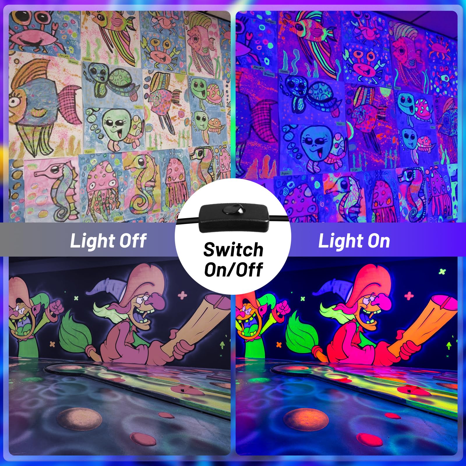 Yqnlifa 120W Waterproof Led Black Lights, 4 Pack 10Ft Cable Black Light Bar With Plug & Switch, Ip66 Indoor/Outdoor Blacklight F