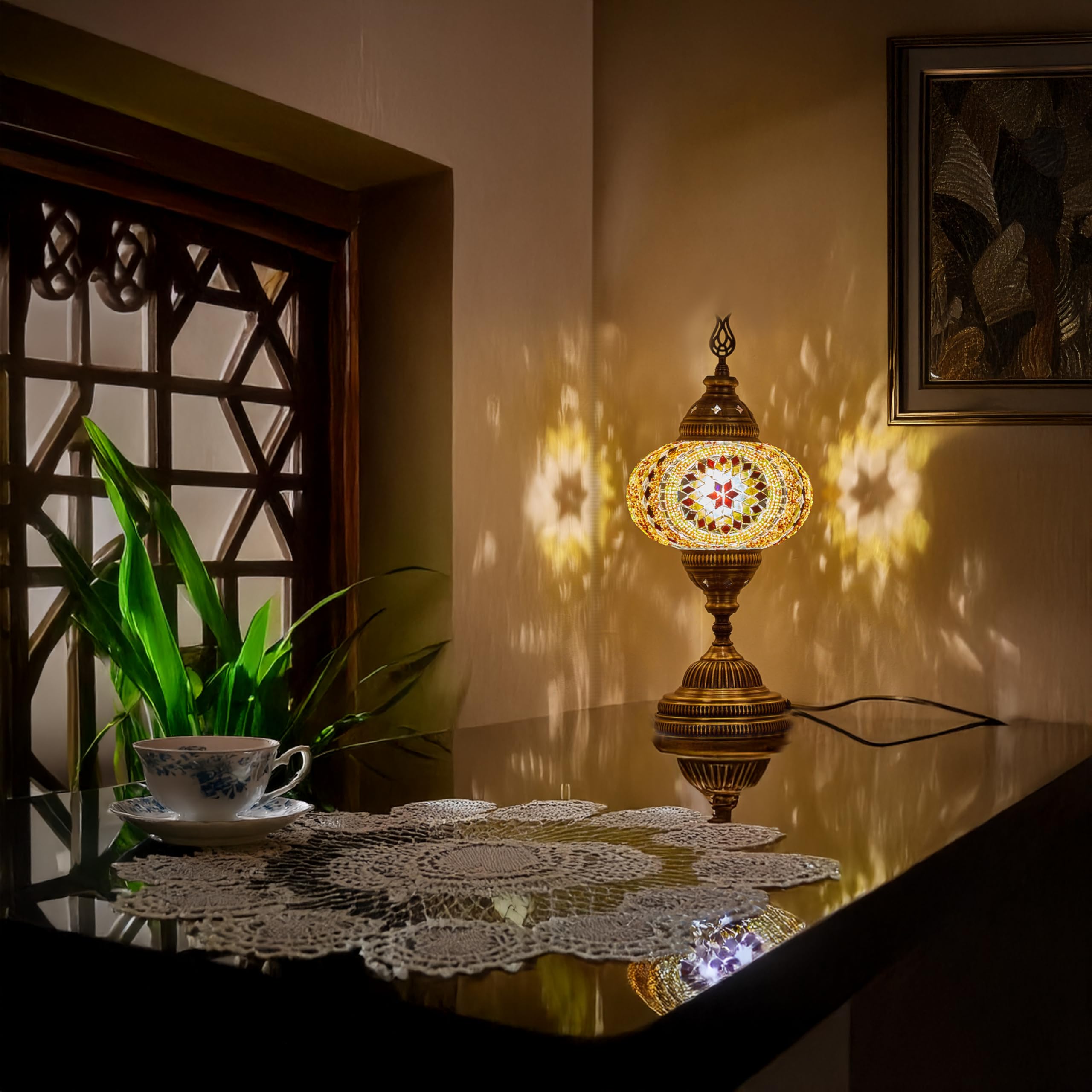 DEMMEX 7 Large Globe Turkish Moroccan Mosaic Table Lamp - Handmade Tiffany-Style Glass Lampshade, Colorful Desk Bedside Light, E