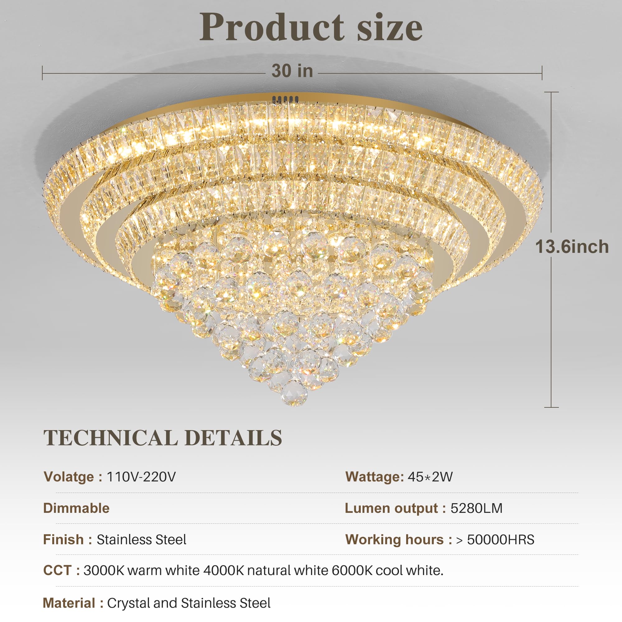 Miuyhji Large LED Crystal Raindrop Chandelier Light, 30" Rose Gold Semi Flush Mount Fixture with Remote Control for Living Room, Kitchen, Bedroom