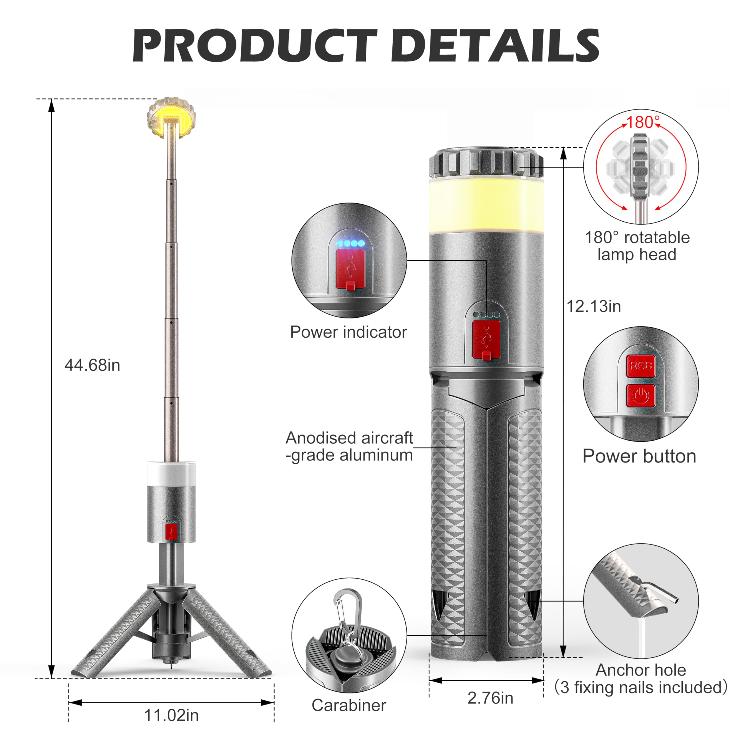 Favourlite Telescopic Camping Lantern - 10000mAh Rechargeable, 15 Color Temperatures, Portable Waterproof, Gray, Model ALS-1487-US