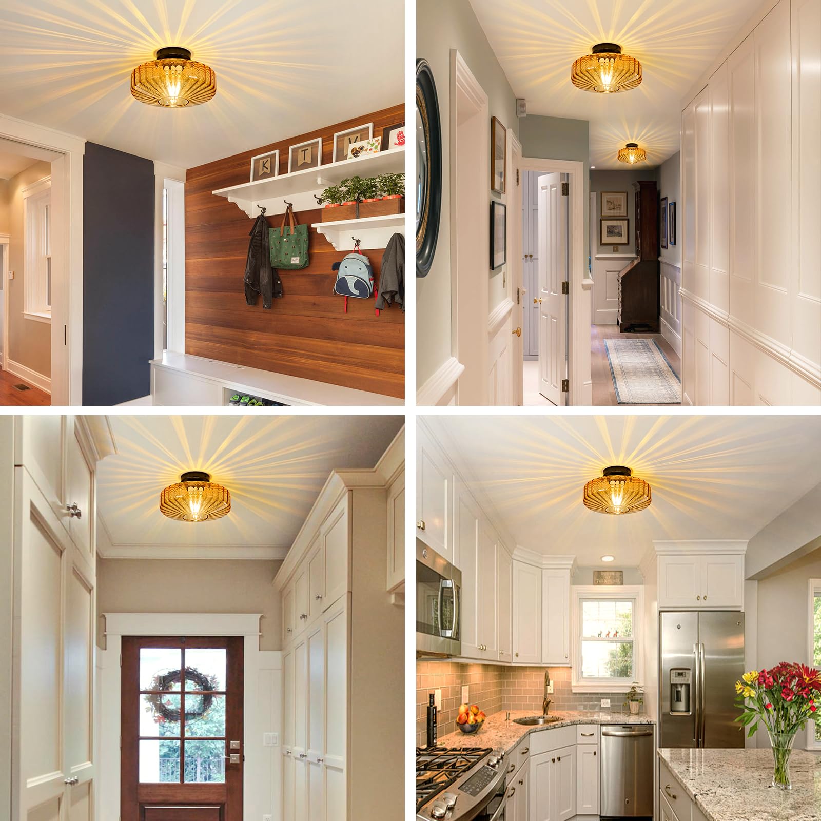 Glass Semi Flush Ceiling Lights - 12 In Vintage Mid Century Modern Lighting Fixture - Drum Unique Art Deco Amber Mount Light Fixtures For Hallway Entry Way Hall Kitchen Dining Laundry Room Foyer Porch