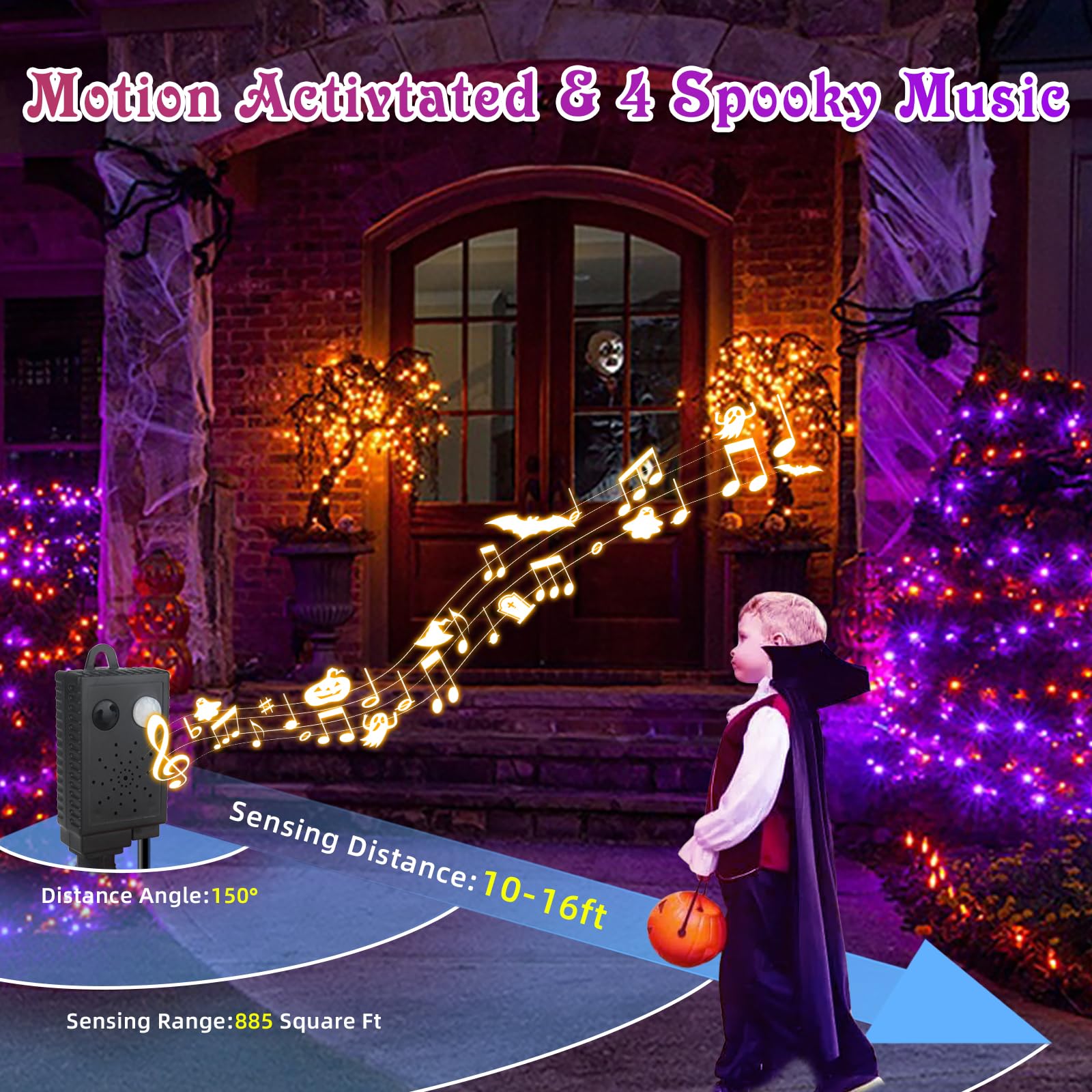 Tcamp 300 LED Christmas Lights, Purple & Orange, Motion Activated, 6 Modes, Model QL300AE, Connectable for Indoor/Outdoor Decor