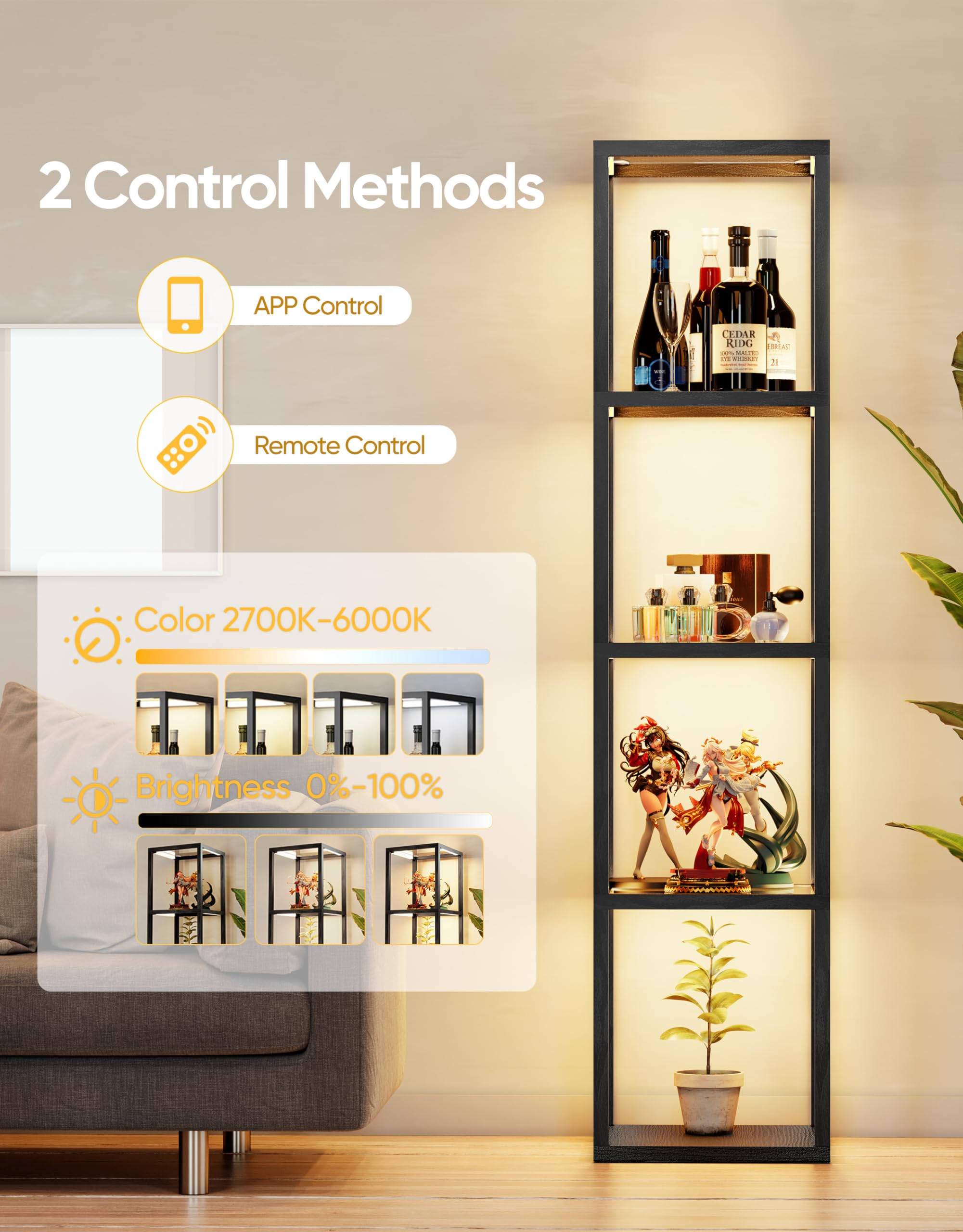 PARTPHONER Large Glass Display Shelf with Dimmable LED Floor Lamp, Remote/APP Control, Black, Model PAFP088AB1