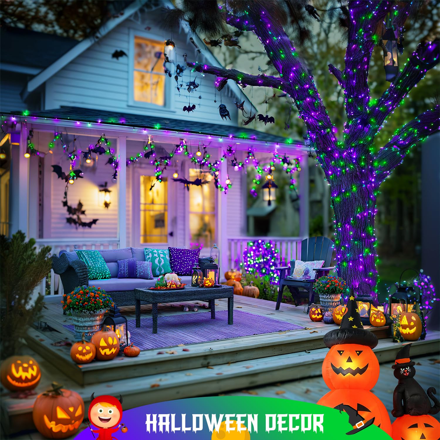 JMEXSUSS Solar Halloween Lights, 400 LED 151FT, Purple and Green, 8 Modes, Waterproof String Lights for Outdoor Decorations