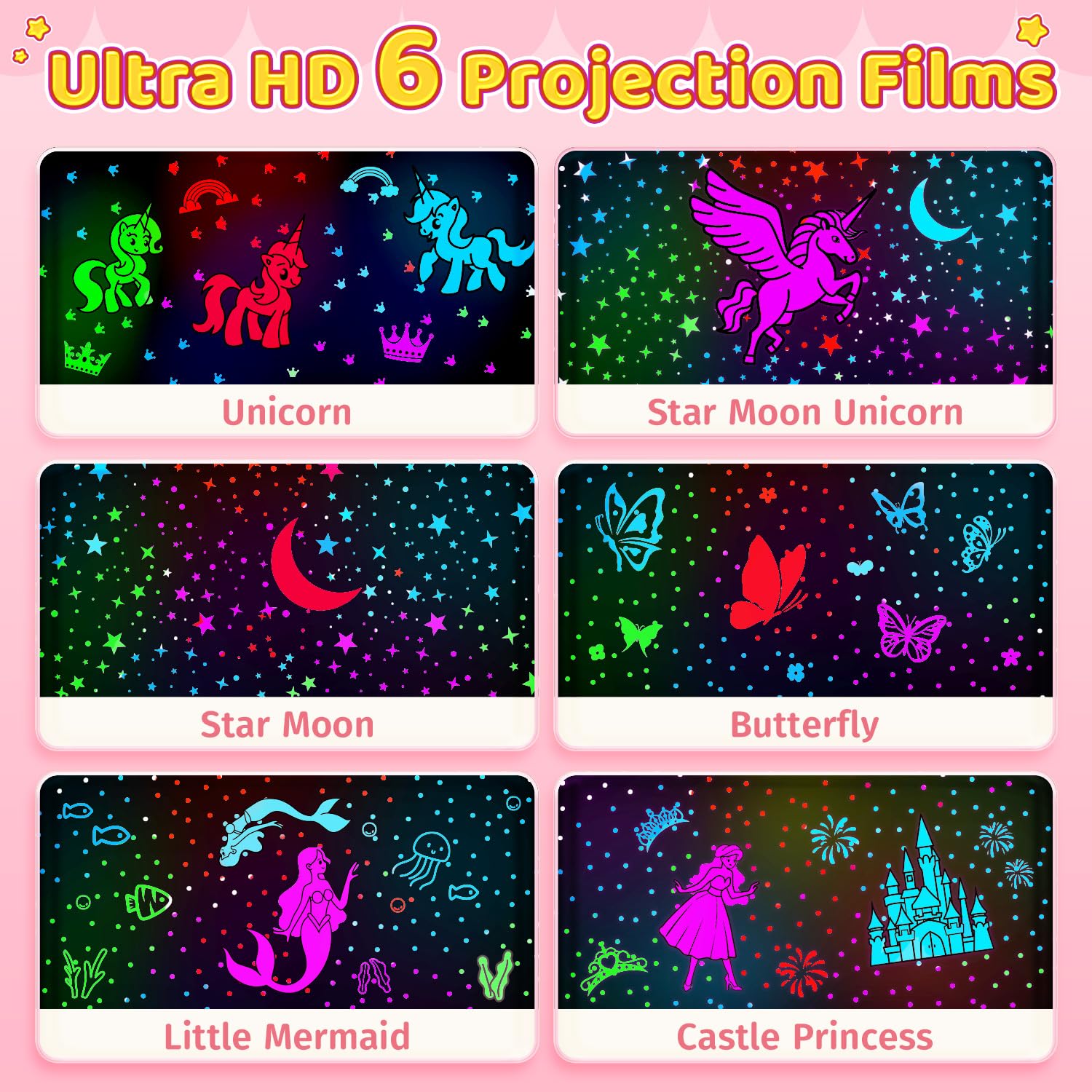 PIKOY Unicorn Night Light for Girls Room Decor, 96 Lights, 360° Rotation, Pink, WH-E07, Ideal Birthday Gift for Ages 3-6