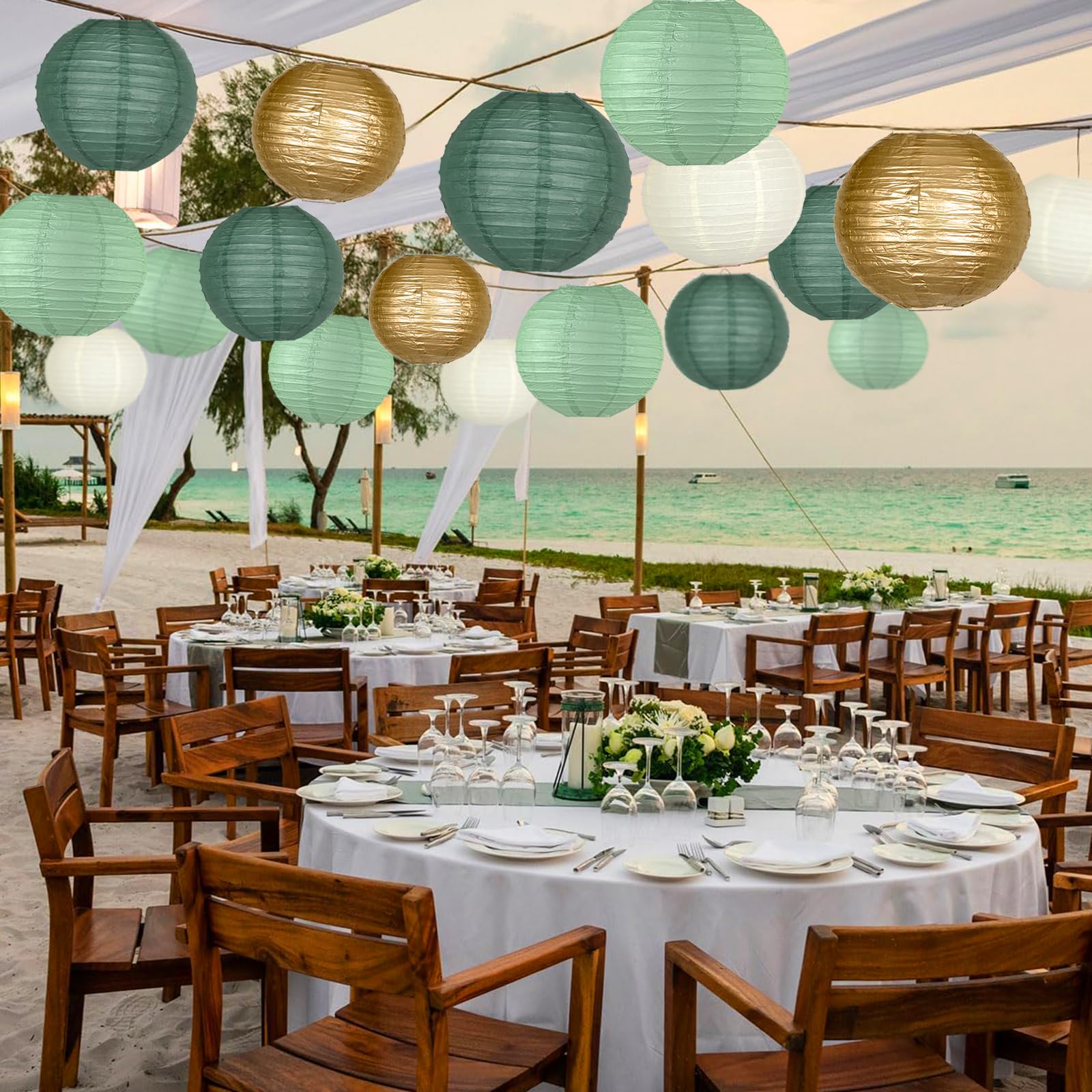 Paper Lanterns Decorative, Round Paper Lanterns Decorations Sage Green/Forest Green/Gold/White For Rustic Party Sage Green Birth