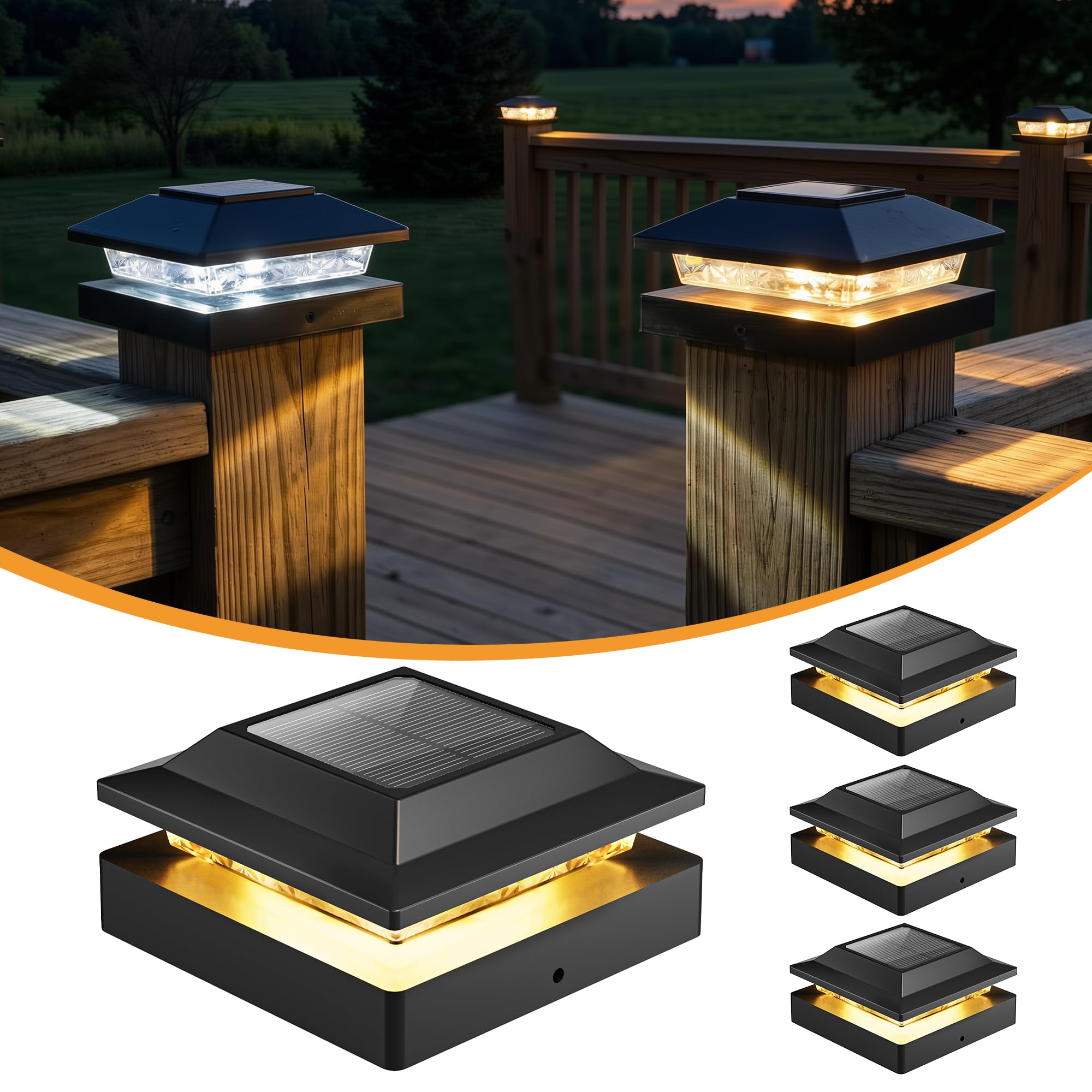 Brightown Solar Post Cap Lights Outdoor 4-Pack  Waterproof Fence Post Solar Lights for 4x4 Wood/Vinyl Posts  16 LED Deck Post Lights with 2 Color Modes Decorate Patio Porch Garden