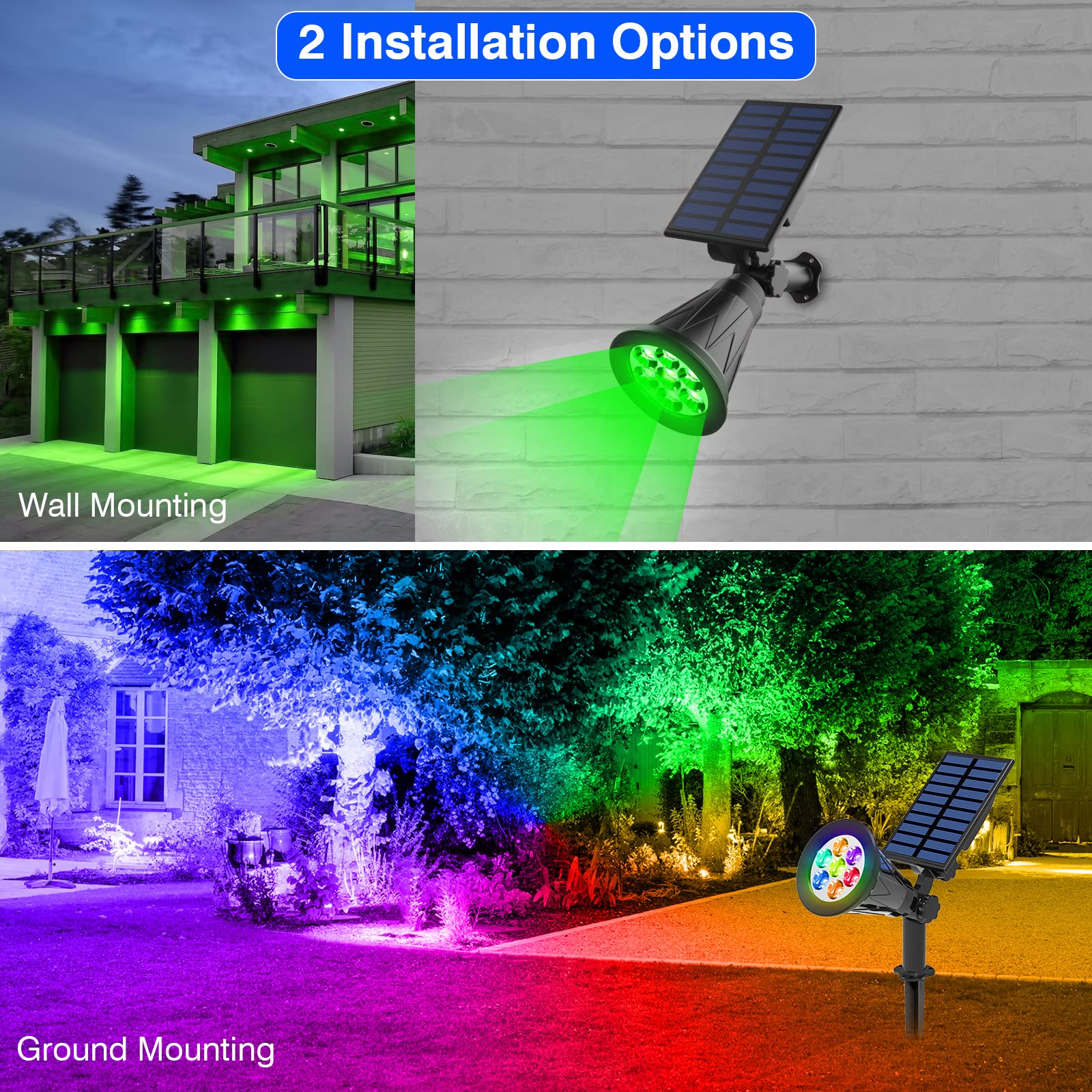 T-SUN Solar Spotlights, 7 Color Changing LED, Waterproof, 2 Pack, Model TS-G0102-7C, Auto ON/OFF for Garden, Patio, Driveway