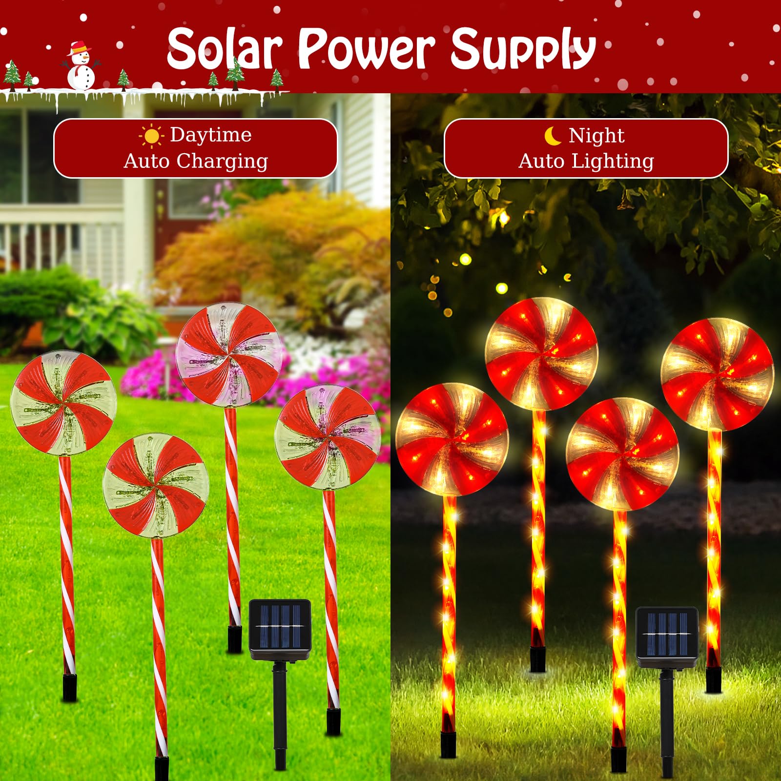 Lewondr 4 Pack Lollipop Christmas Decorations Outdoor,Solar Lighted Candy With Garden Stakes,Waterproof Garden Lawn Pathway With