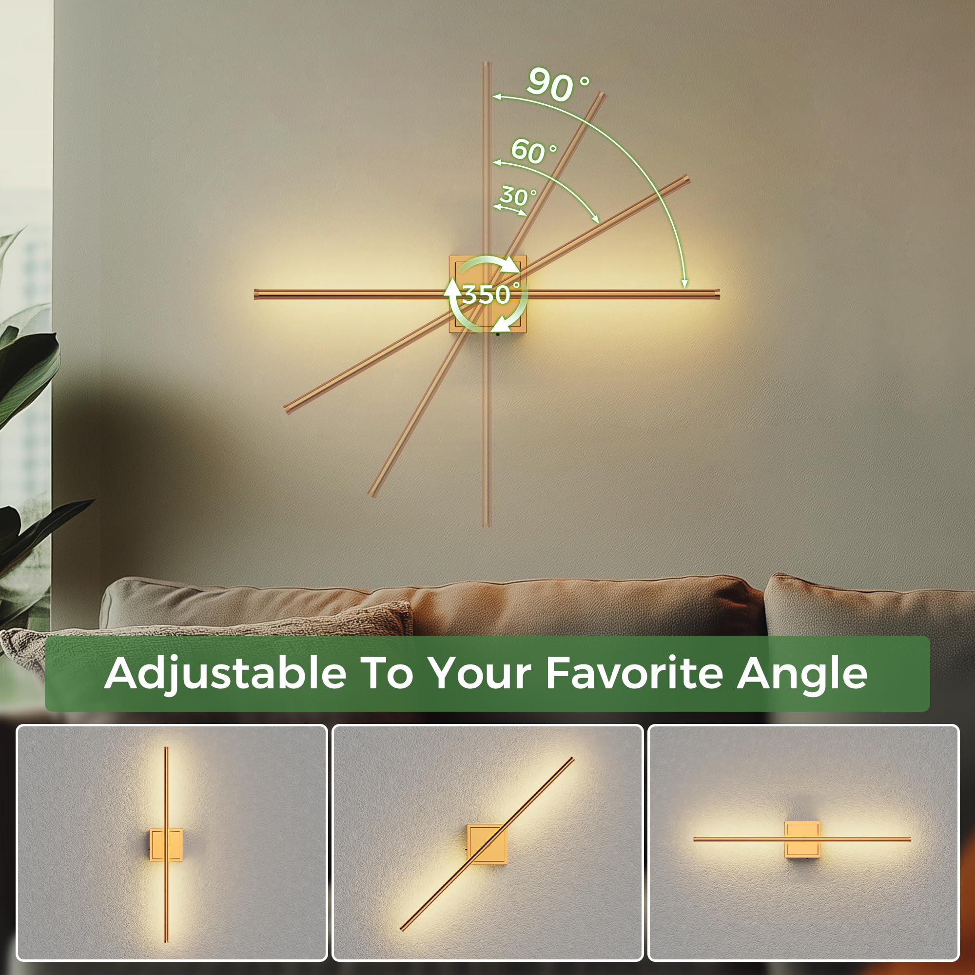 DORESshop Battery Operated Wall Sconces Set of 2, Dimmable, Brass, 28.1 Inch, Rechargeable, Wireless Lights for Bedroom, Living Room
