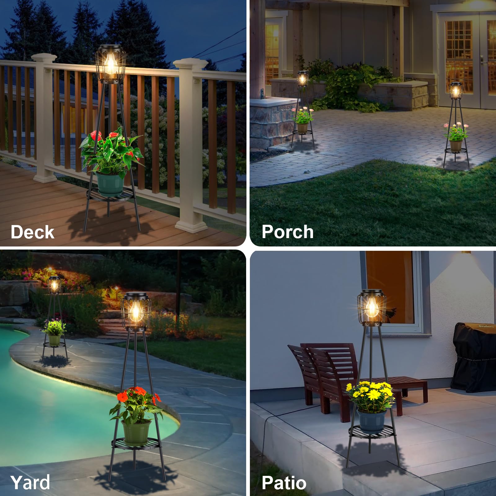 Visflair Solar Lights With Plant Stand, Outdoor Floor Lamp, Waterproof Solar Led Edison Bulb Light Flower Shelf For Patio Porch