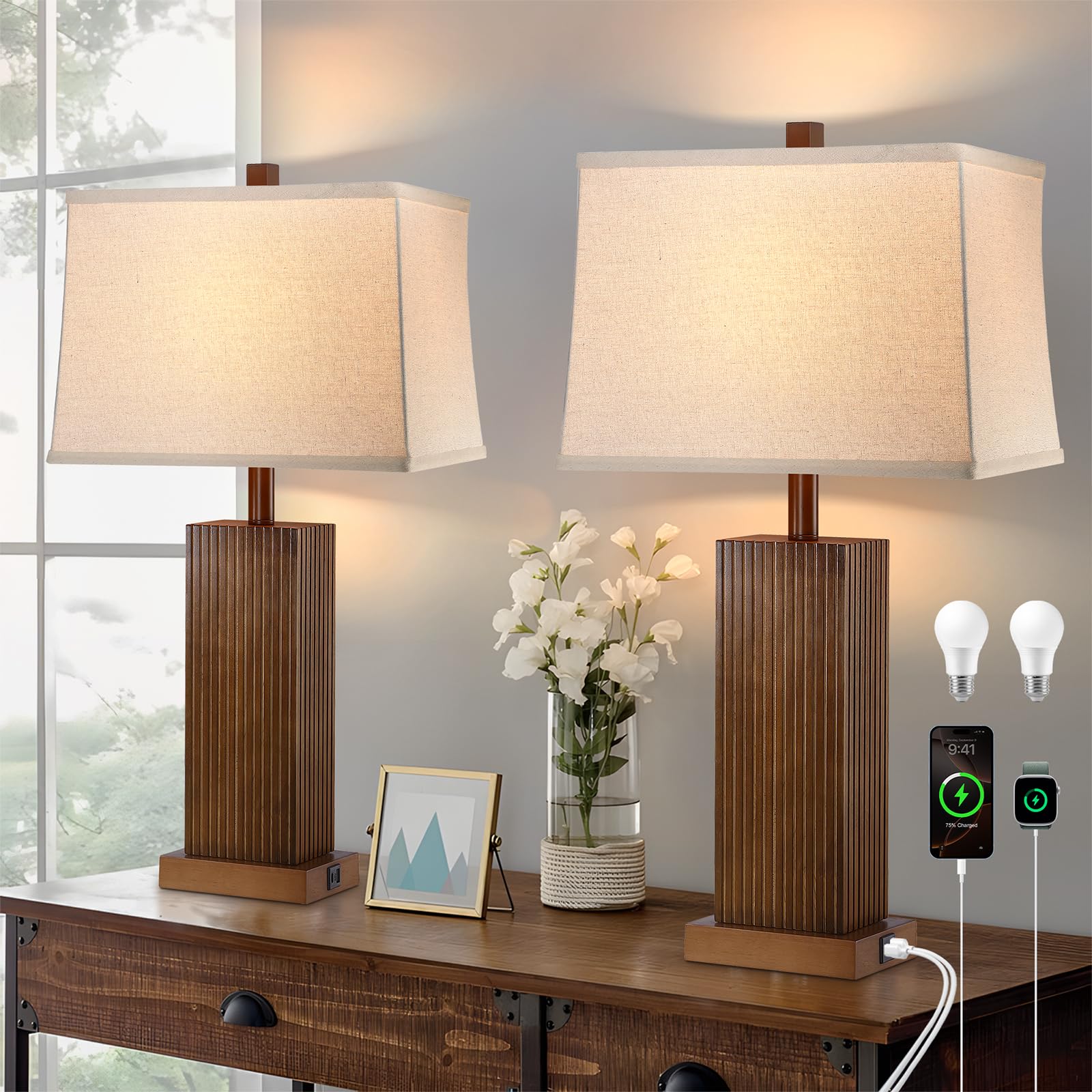 Lovlast 27.5 Wood Table Lamps Set of 2, Modern Farmhouse Bedroom Lamp for Nightstand with USB Charging Port, Natural Wooden Base
