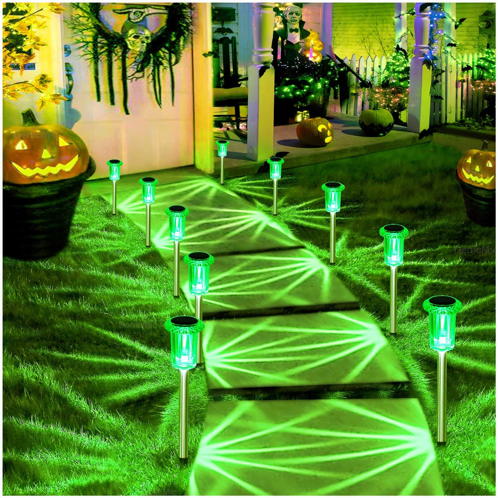 DenicMic Solar Pathway Lights, LED Waterproof Acrylic, Stainless Steel Stake, Green 10Pack, Model CL-XDC