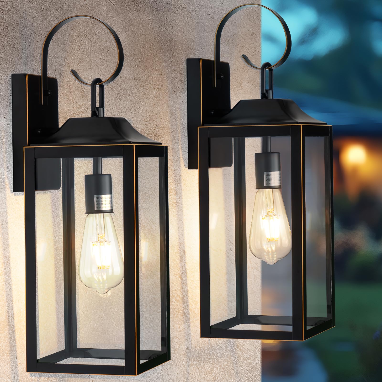 Yolsunes 19" Outdoor Wall Lights 2 Pack, Black Metal with Gold Trim, Waterproof Sconces for Porch, Garage, Model B06094P-2PK-GDBK