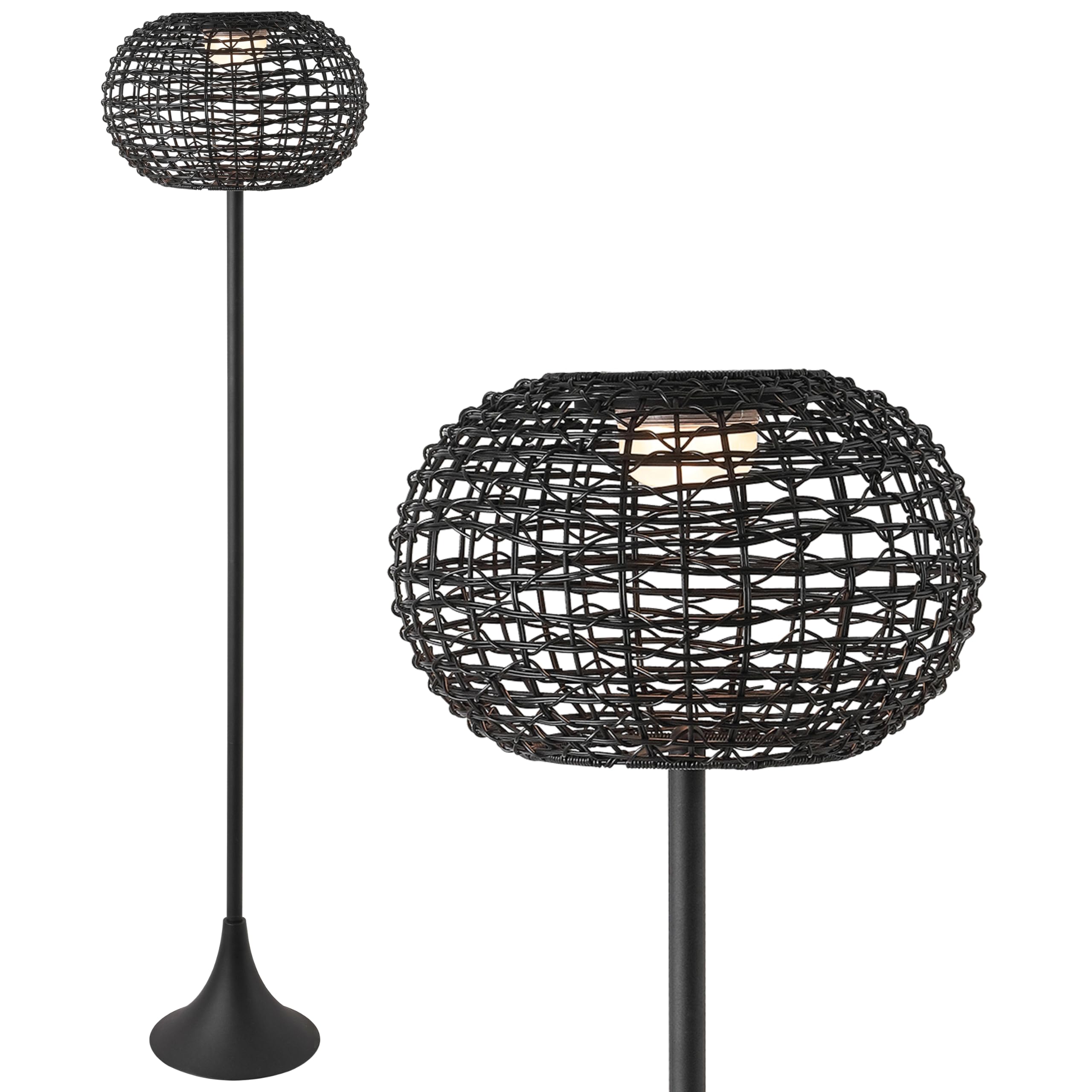 JONATHAN Y 58 Black Modern Outdoor Solar Floor Lamp, Waterproof LED Standing Light for Patio, Deck, Porch, Faux Rattan Shade, US