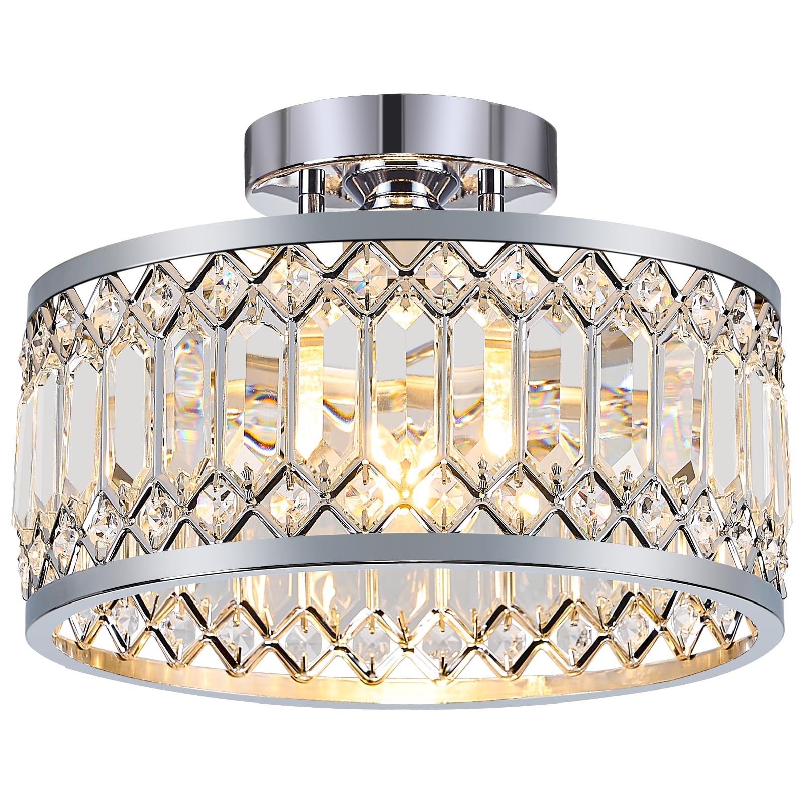 YURNYQ Crystal Ceiling Light Fixture, Modern Semi Flush Mount, Chrome, 11.4 Inch, Metal, Model 241017005