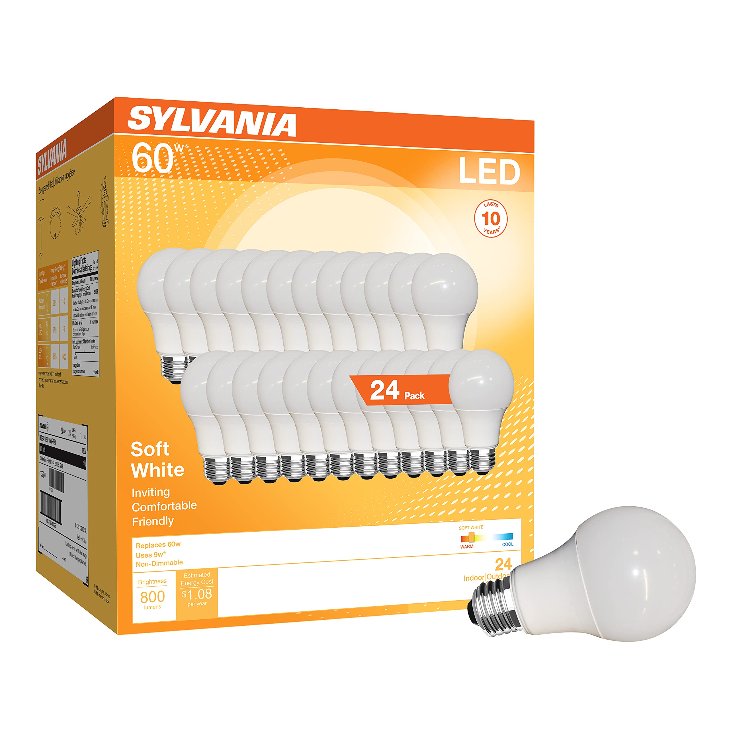Sylvania Led A19 Light Bulb, 60W Equivalent, Efficient 9W, Cec Compliant, 10 Year, Non-Dimmable, 2700K, 800 Lumens, 90 Cri, Soft