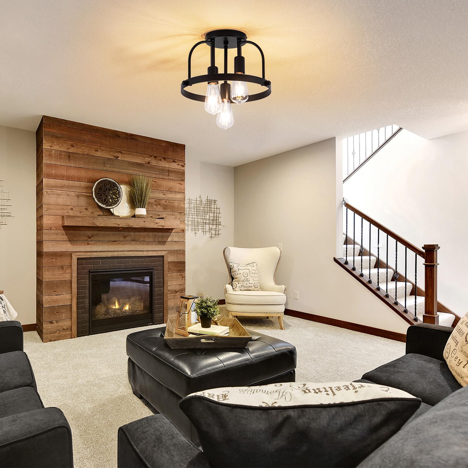 Fengkedu 3 Light Industrial Ceiling Light Black Semi Flush Mount Lights Close To Ceiling Light Fixtures Cage Design Farmhouse Ceiling Lighting For Kitchen Bedroom Bathroom Foyer Hallway (E26  1Pack)