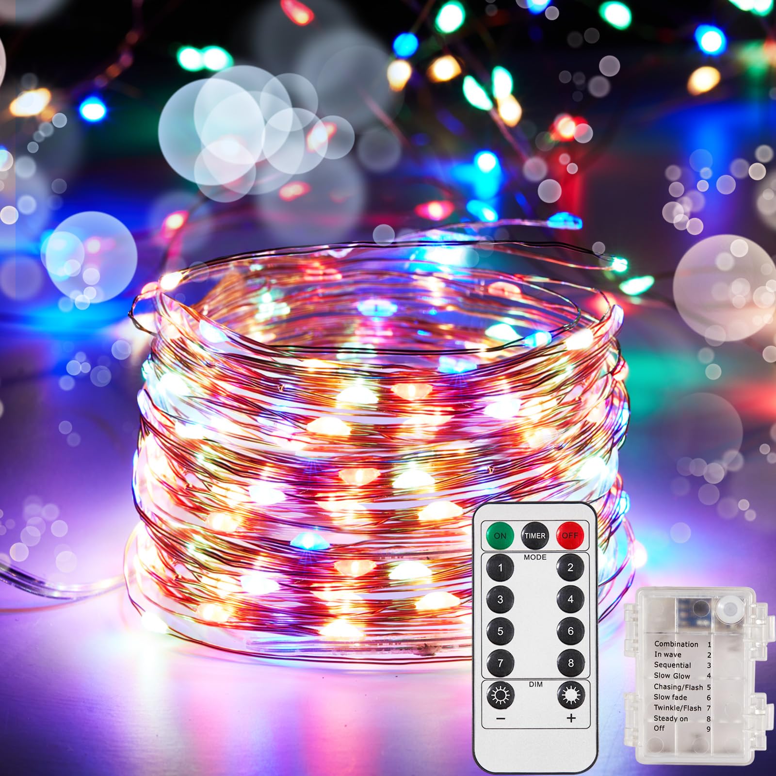 Ariceleo 1 Pack 16.4 Ft. Battery Operated Outdoor String Lights With Remote & Timer, Led Multi Color Fairy Lights, Waterproof Twinkle Lights For Bedroom, Dorm, Mason Jar, Wedding, Party, Christmas