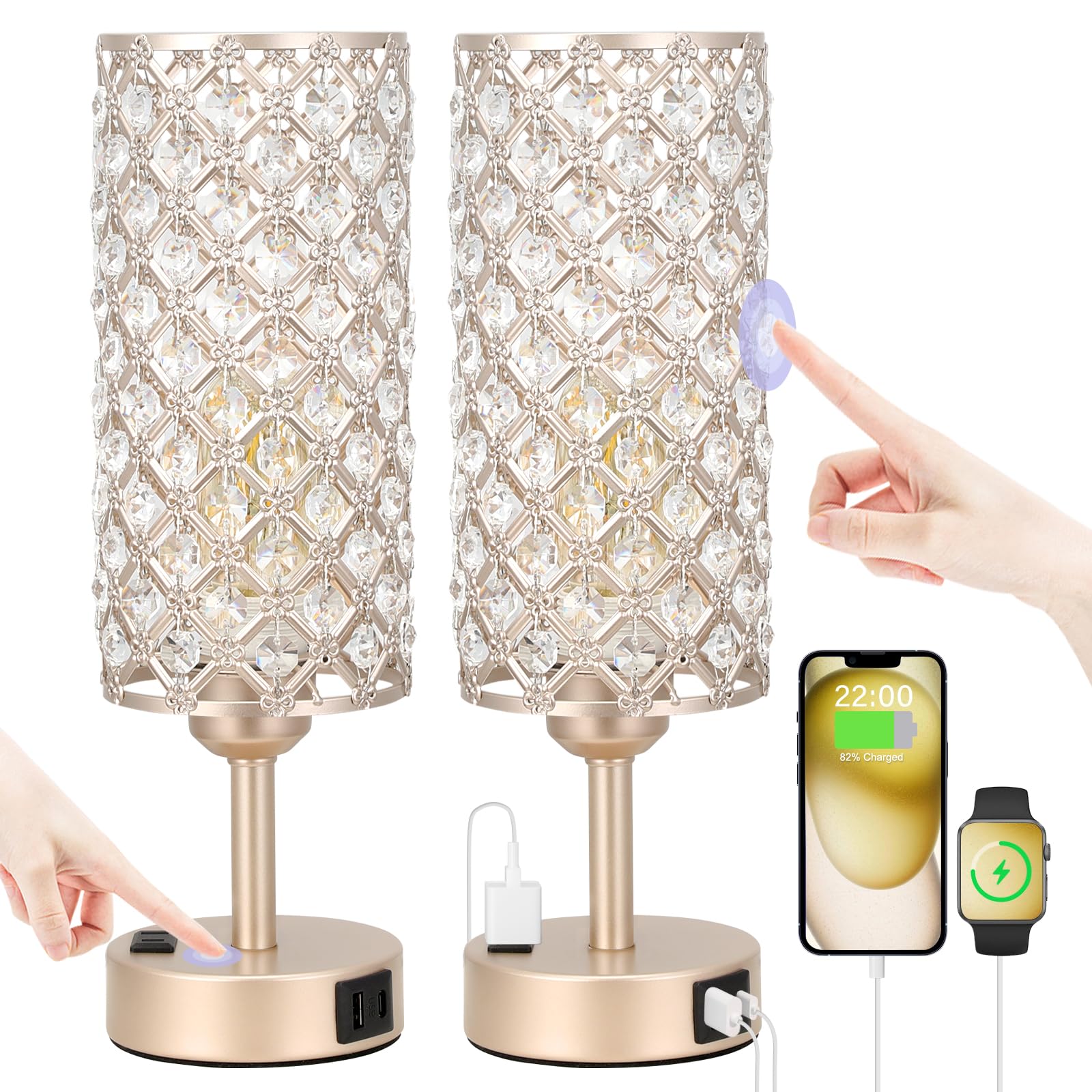 Touch Table Lamps For Bedrooms Set Of 2-3 Way Dimmable Champagne Gold Crystal Lamps With Crystal Shade, Bedside Nightstand Lamp