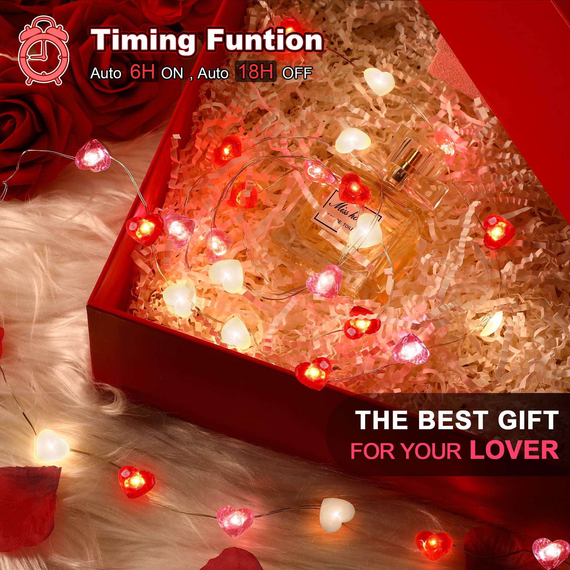 Hiboom Fairy String Lights 10ft LED Heart Shaped Red Pink White, Battery Operated, 8 Modes, Timer, Indoor Decor for Valentine's Day