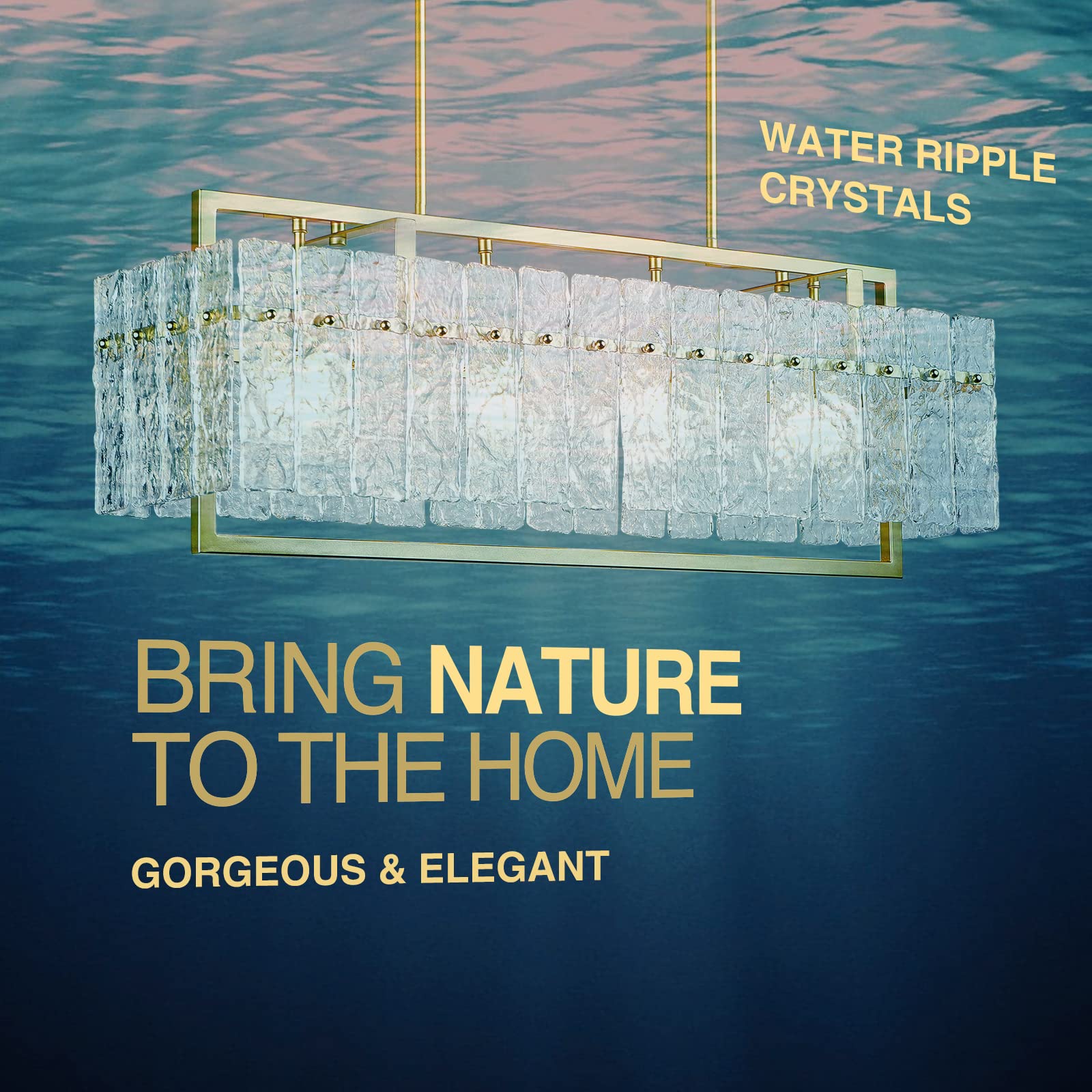 Modern Gold Rectangle Chandeliers For Dining Room, Crystal Water Ripple Light Fixture, Elegant Farmhouse Linear Lighting For Kit
