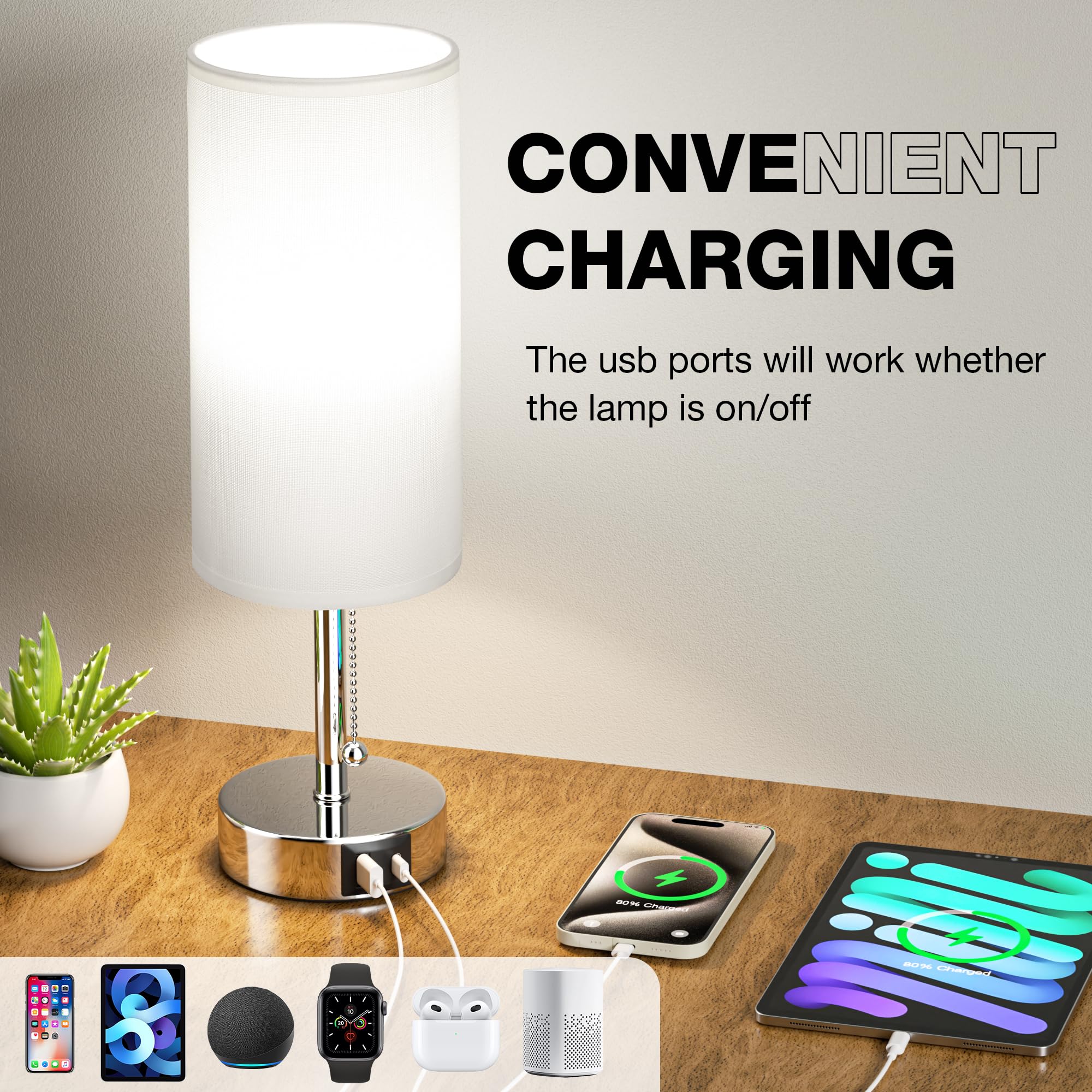 White Bedside Lamps For Bedroom Set Of 2 - Nightstand Lamp With Usb Charging Port, 3 Color Temperatures, Silver Base Night Stand