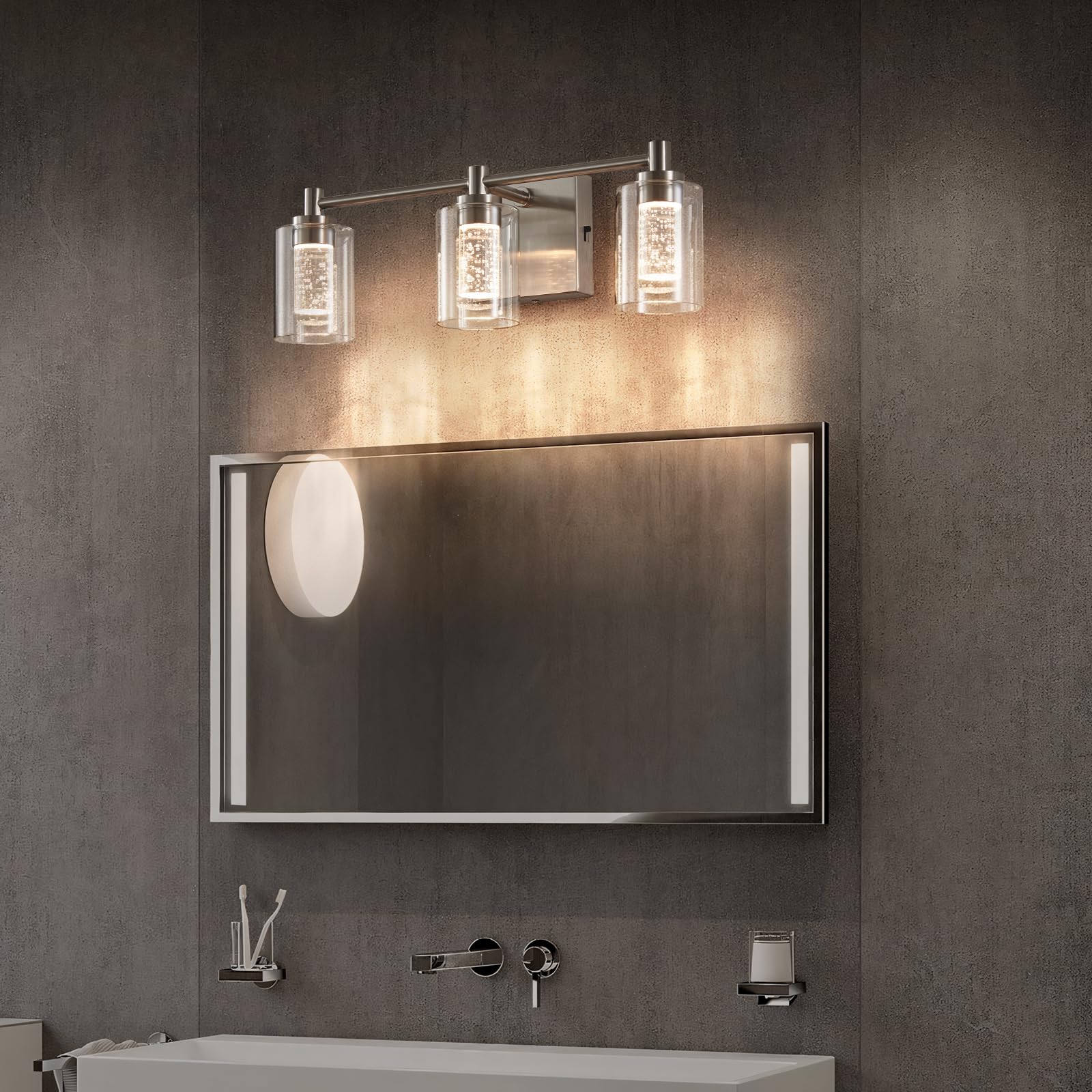 Myhaptim Bathroom Vanity Light Brushed Nickel 3 Light Bathroom Light Fixture, Clear Glass Shade, Crystal Bubble, Dimmable Led Va