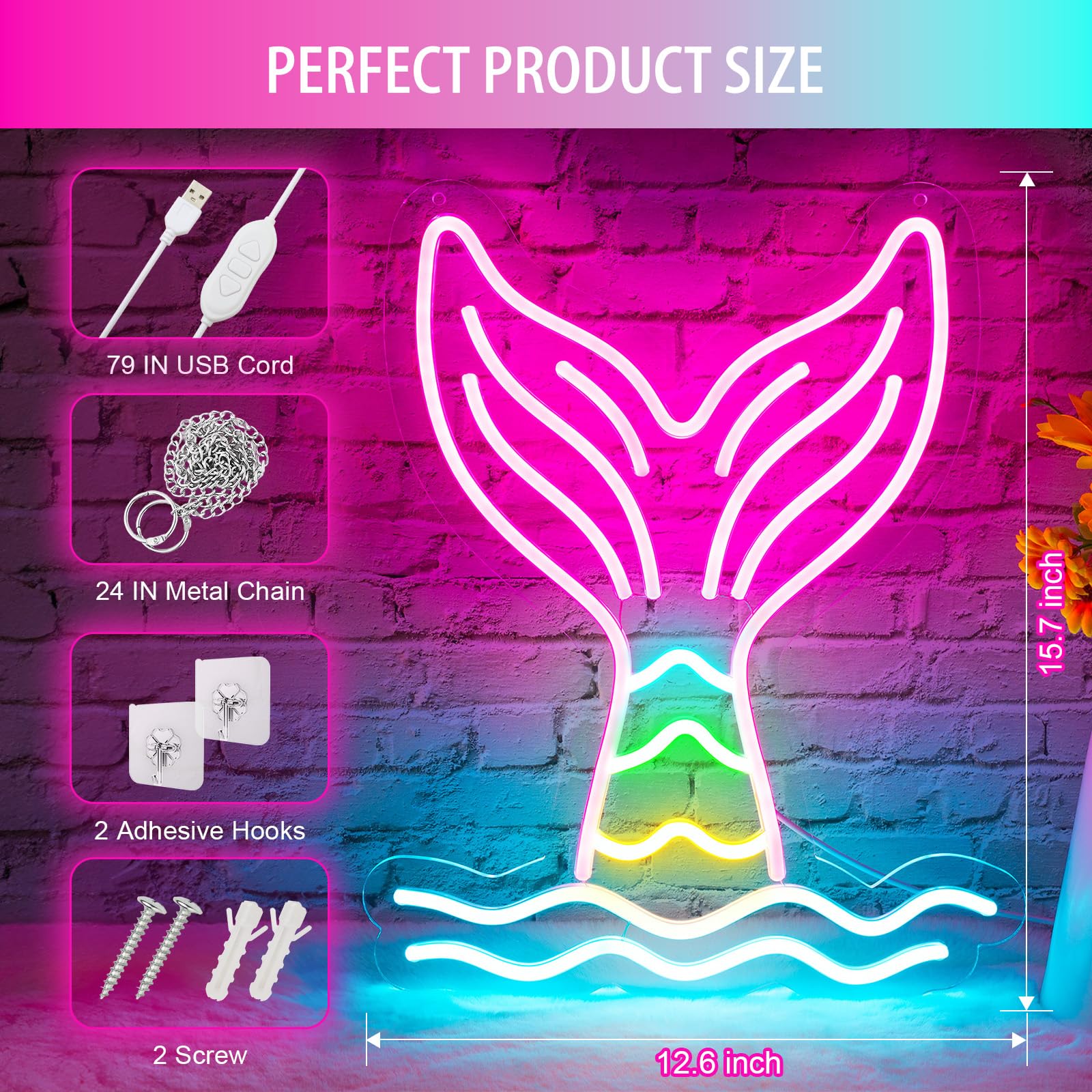 Basaneon Mermaid Tail Neon Sign, Dimmable LED Wall Decor, USB Powered, 15.7x12.6 inches, C-Mermaid Tail, Model ZF-Mermaid Tail