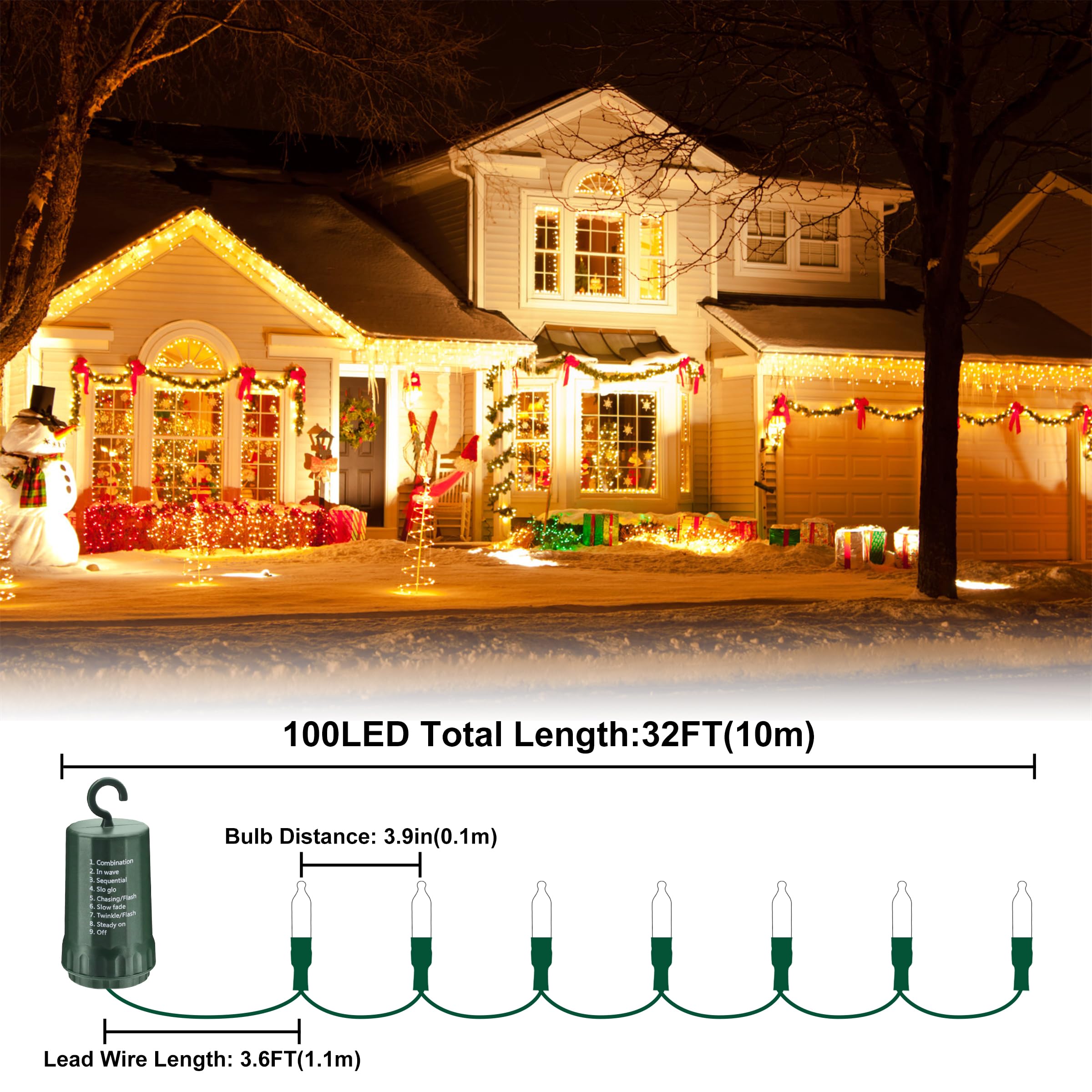Ammaker Christmas Light, 100 Led Battery Operated Christmas Lights With Timer For Indoor Outdoor Wreath Wedding Party Garden Home Decor, Waterproof, Warm White 39.5Ft