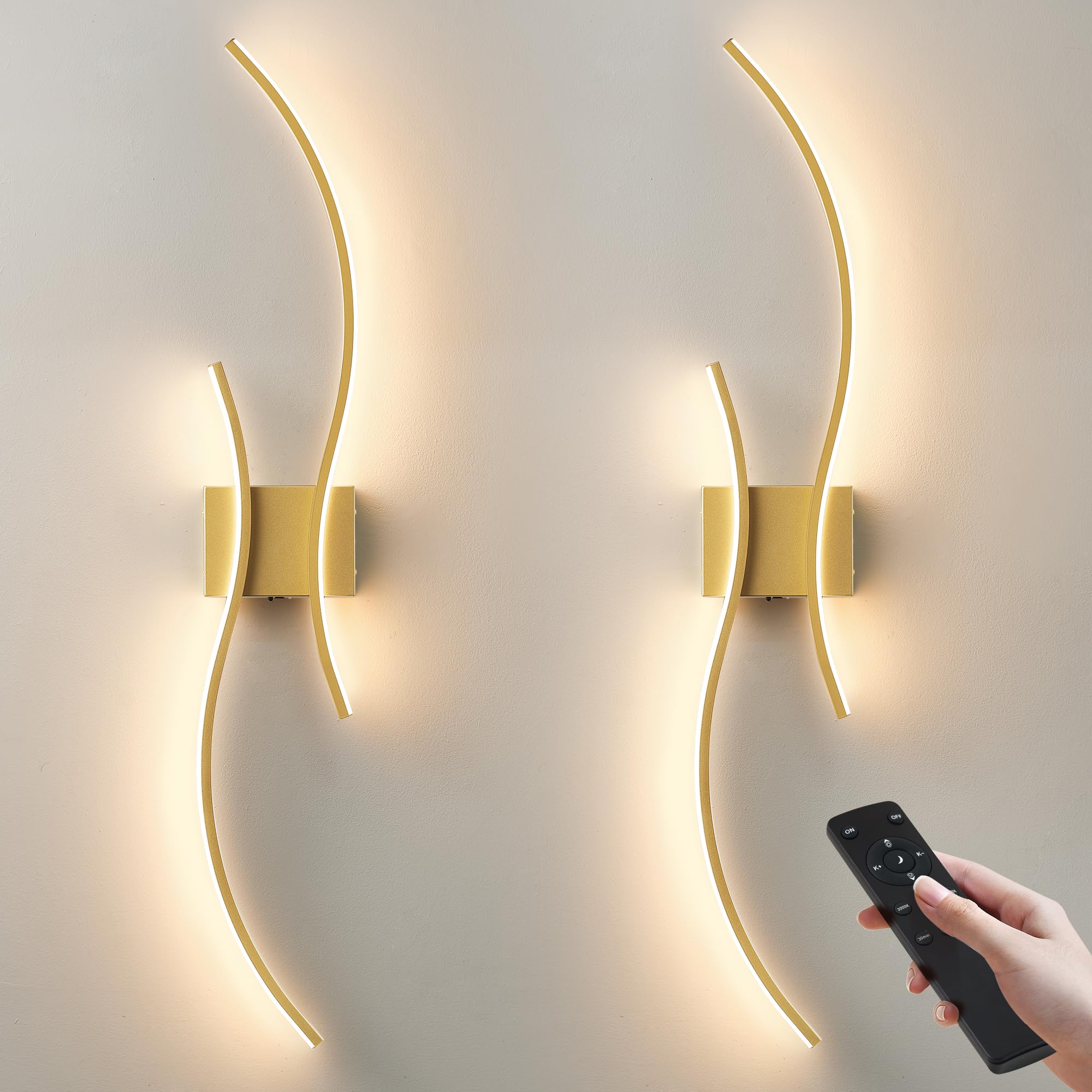 Kartoosh Battery Operated Wall Sconces Set Of Two With Remote Control, Stepless Colors 3000K-6000K & Dimming, Led Gold Wireless Wall Light For Living Room, Hallway, Bedroom, 39.3 Inch (2 Pack)