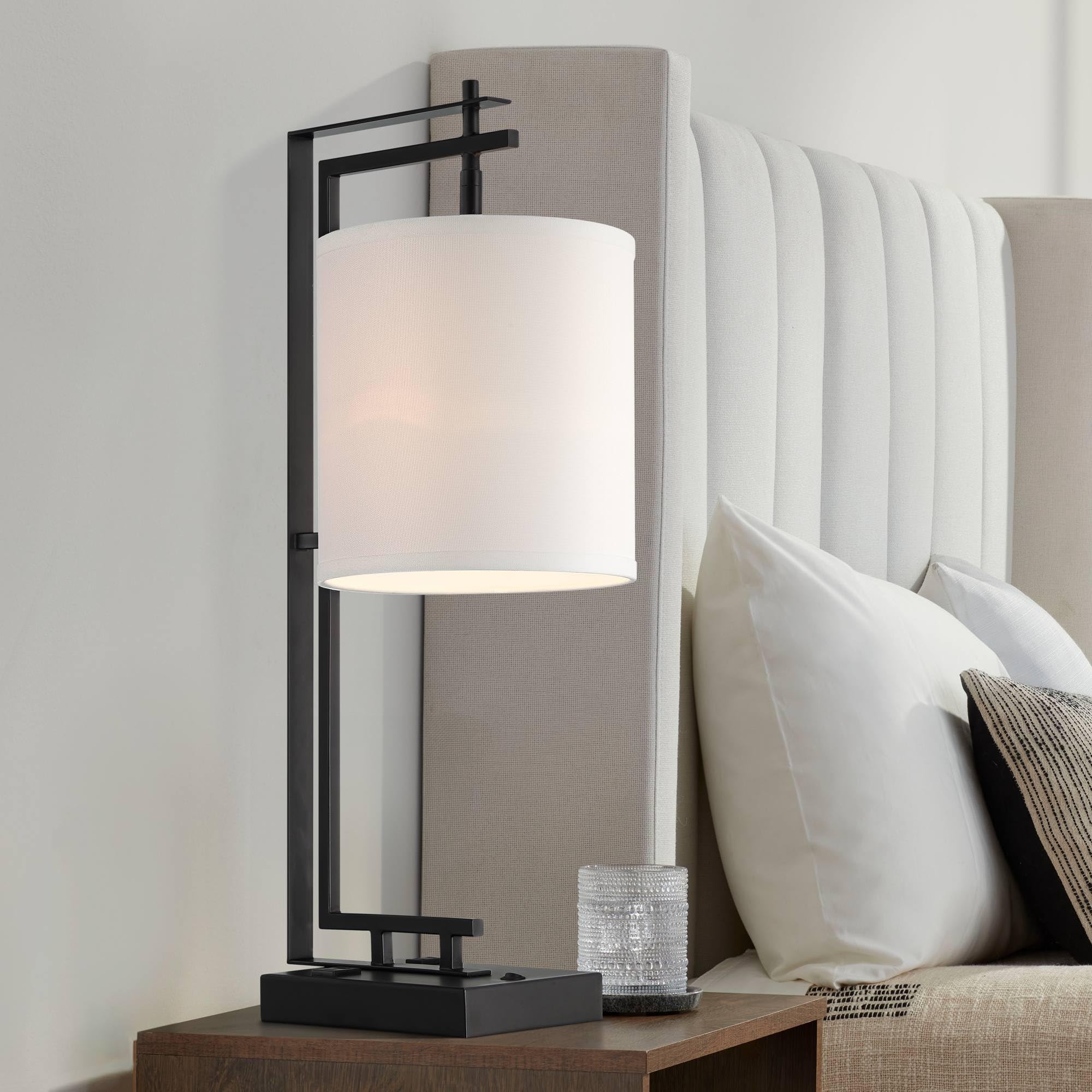 Possini Euro Design Covello 25 High Modern Mission Desk Lamp with USB Charging Ports A+C and AC Power Outlet Black Metal Base Wh