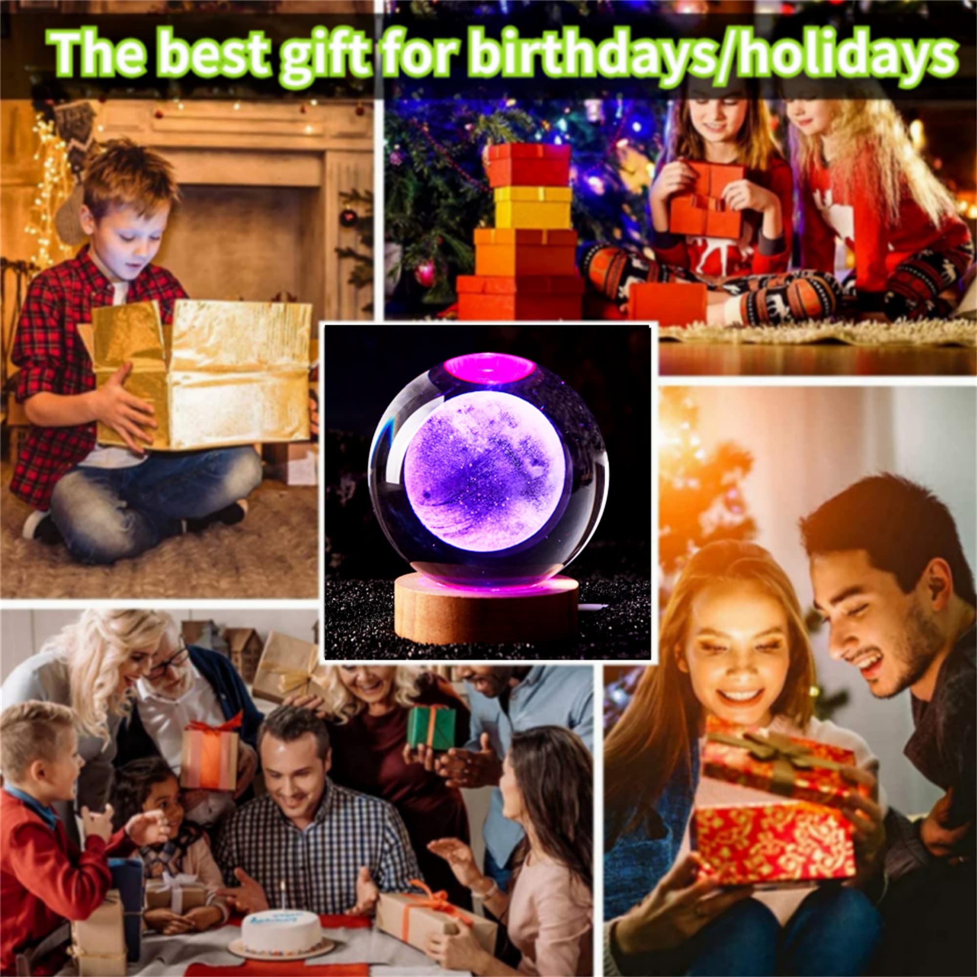 3D Moon Crystal Ball Lamp,3.15 Inch Crystal Ball Night Light With Wooden Base,16 Colors Changing Light,Dimmable Remote Control,D