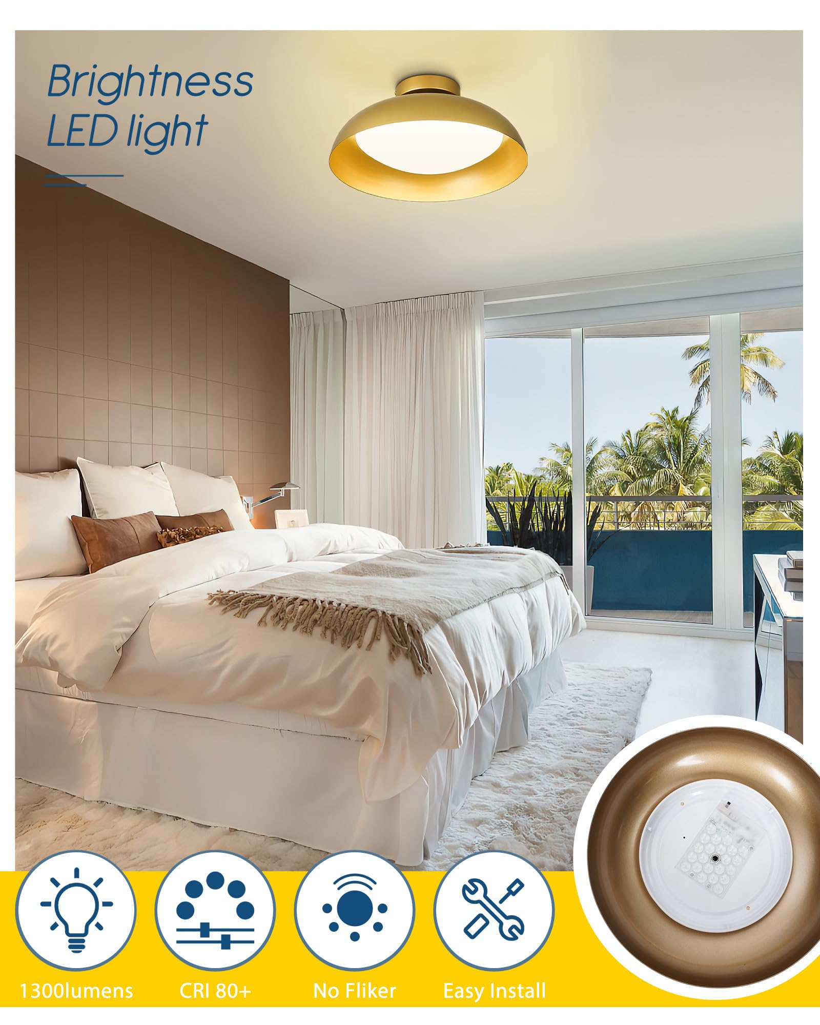 Kudos Gold Semi Flush Mount Ceiling Light, 16 Inch Led Ceiling Light Fixtures, 23W/1300Lm Light Fixtures Ceiling Mount, 5Cct Adjustable, Kdcl02-Gd