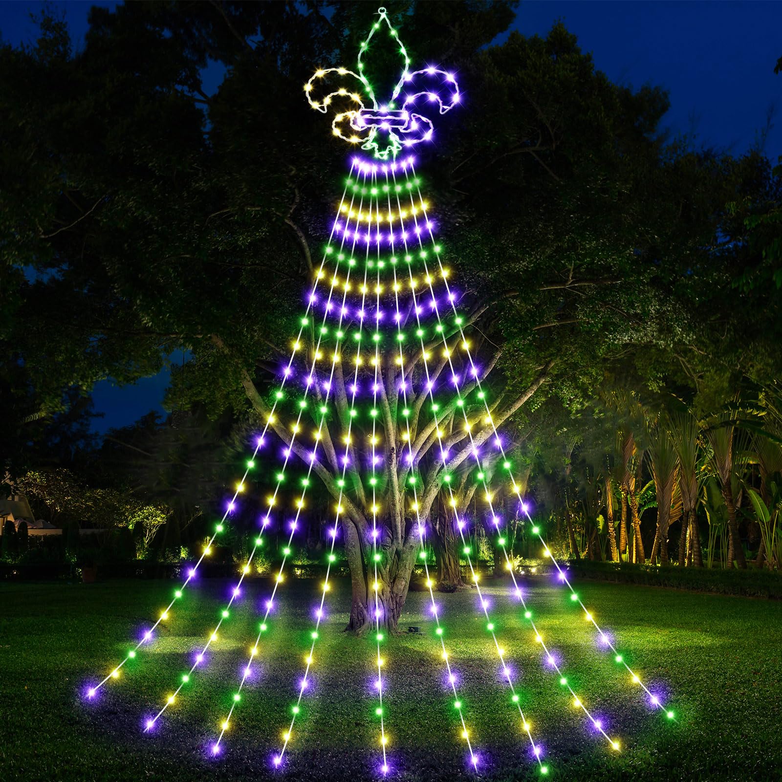 Tujoe 12 ft Mardi Gras Waterfall String Lights Yellow Green Purple Fleur De Lis Mardi Gras Outdoor Decorations 297 LEDs Waterfal