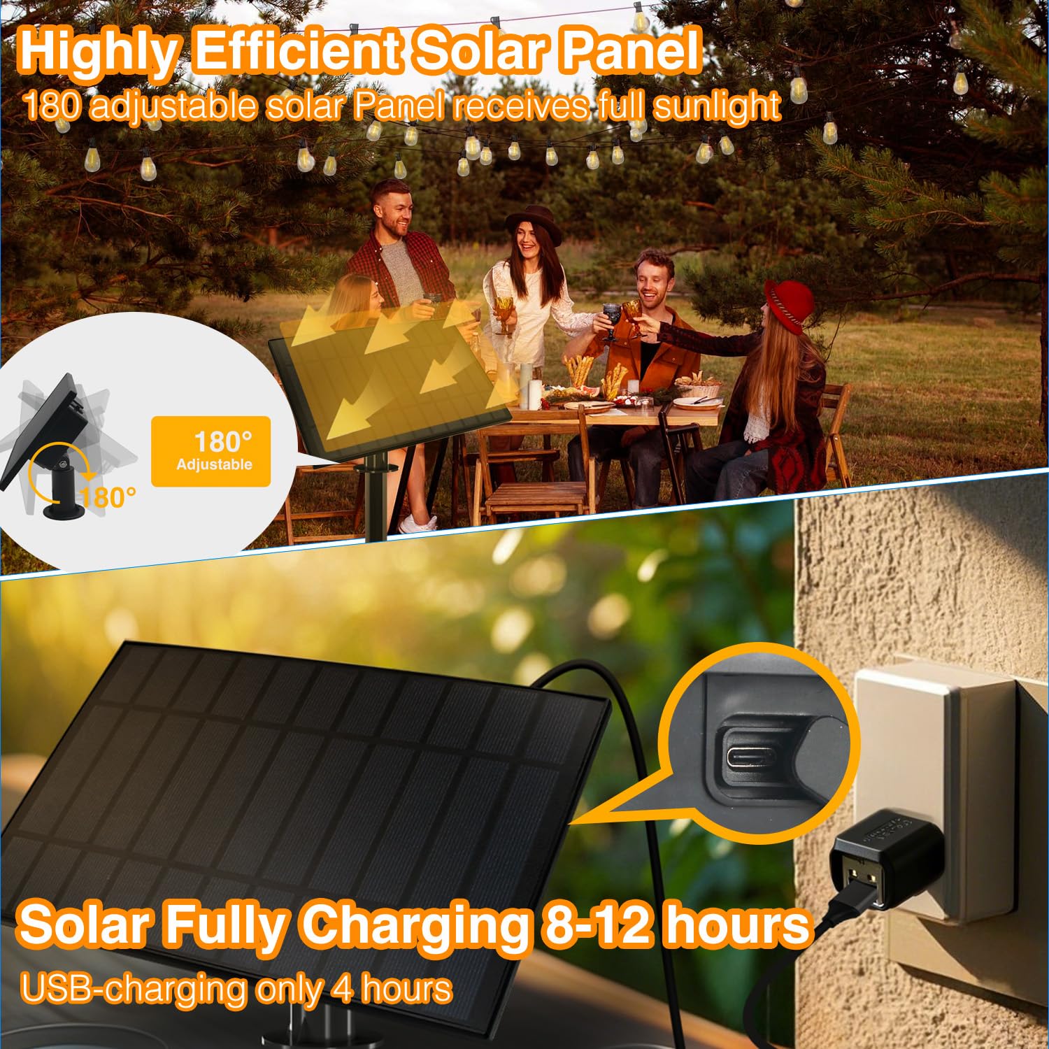 DAYBETTER Solar String Lights 150ft Waterproof 75 Bulbs 2700K Warm White IP65 for Garden Patio Wedding Camping