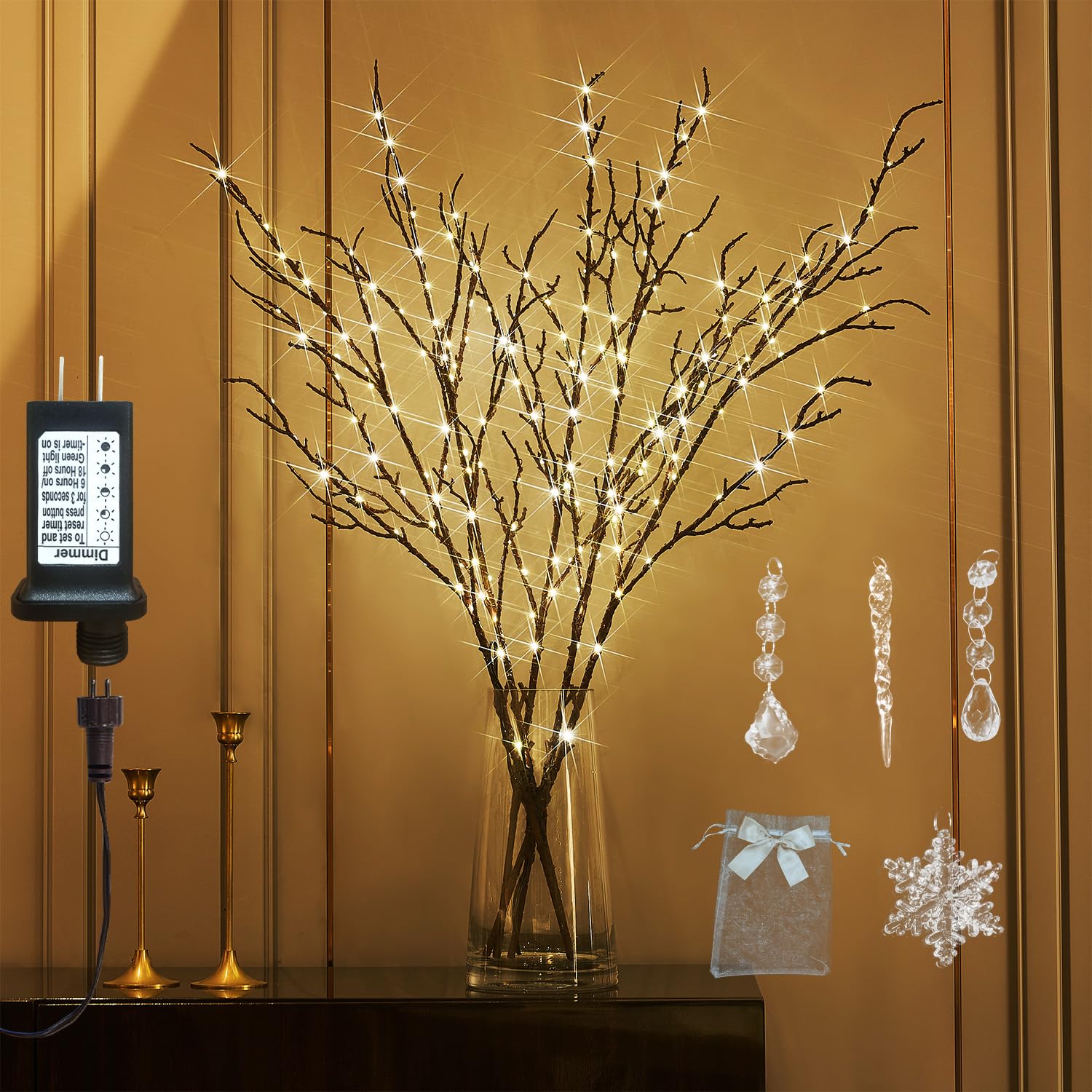 Fudios Lighted Branches Plug in 32IN 200 LED Mantle Winter Decor, Brown Twig Branch Lights for Christmas Holiday Party Indoor Ou