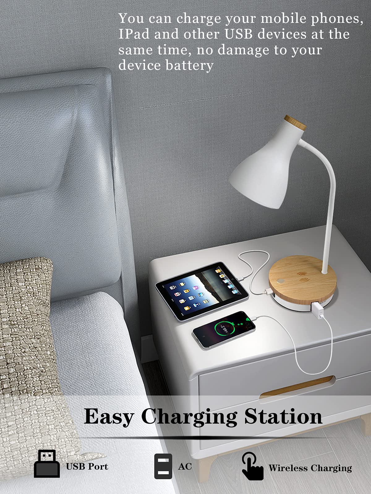 Metal Desk Lamp Wireless Charging Table Lamp Touch Reading Lights Arc Desk Lamps For Bedroom, 3 Way Dimmable Bedside Lamp With U