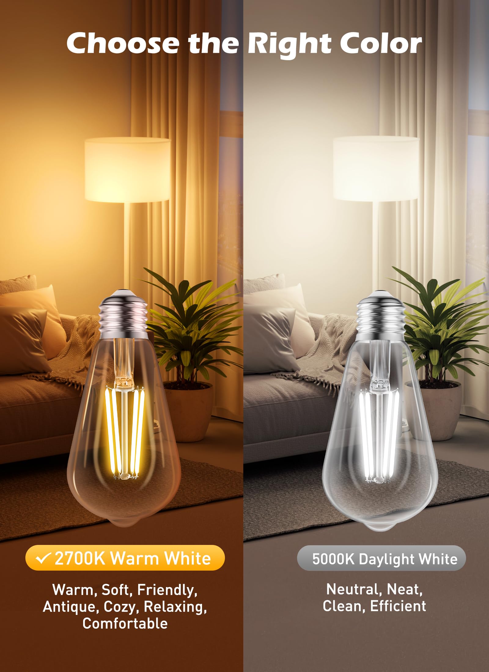Brightown LED Edison Bulbs - 6W (60W Equivalent), 750 Lumens, Warm White 2700K, ST58 Antique Filament, E26 Base, 6 Pack