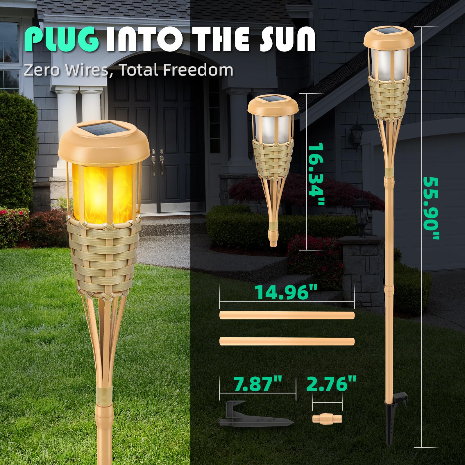 Evelynsun Solar Torch Lights - Flickering Flame Outdoor Decor, 4 Pack, Bamboo
