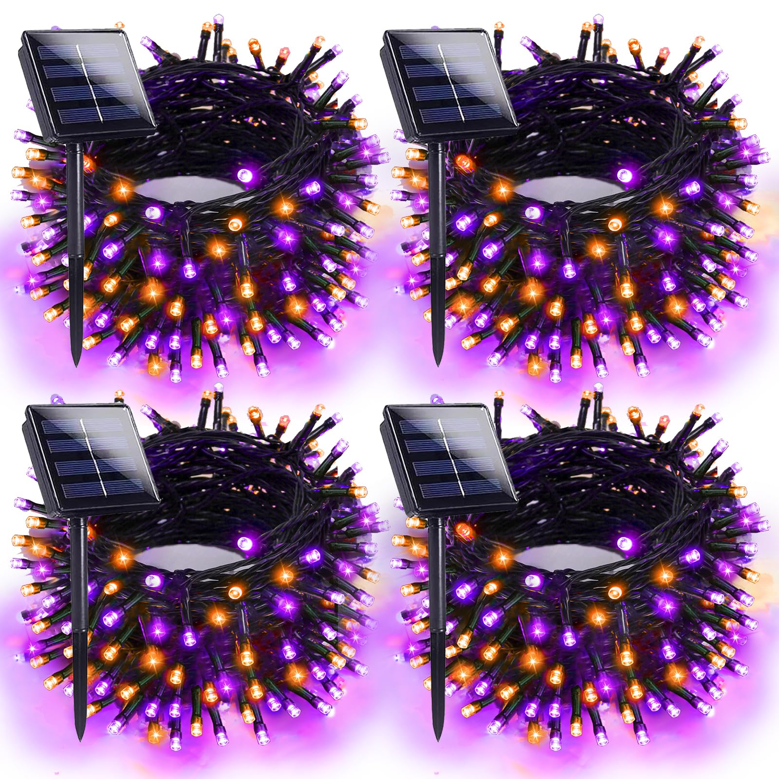 4Pk Orange And Purple Solar Halloween Lights Outdoor Waterproof, 400Led 132Ft Solar Powered Led String Lights Black Wire With 8