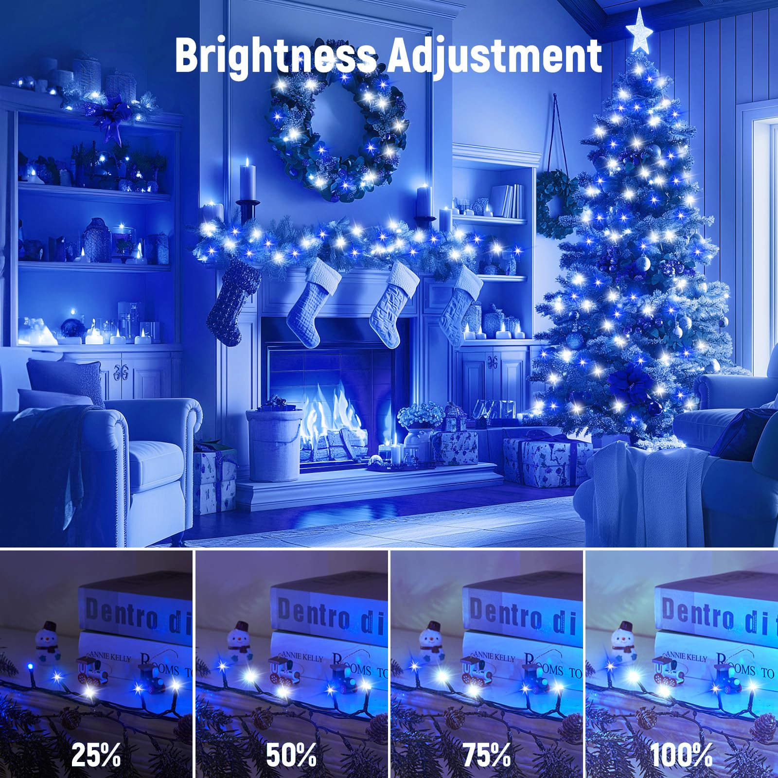 Minetom 1000 LED Christmas Tree Lights, 328 Ft, Blue & Cool White, Waterproof, 8 Modes, Remote, Indoor/Outdoor, Green Wire