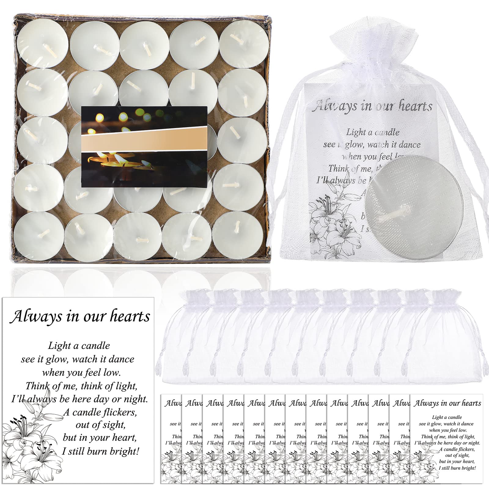 Coume 50 Set Funeral Favors Memorial Tealight Candles Unscented White Candles Funeral Gift Candles With Condolence Bereavement Cards And Organza Bags For Guest Furneral Party (Minimalist)