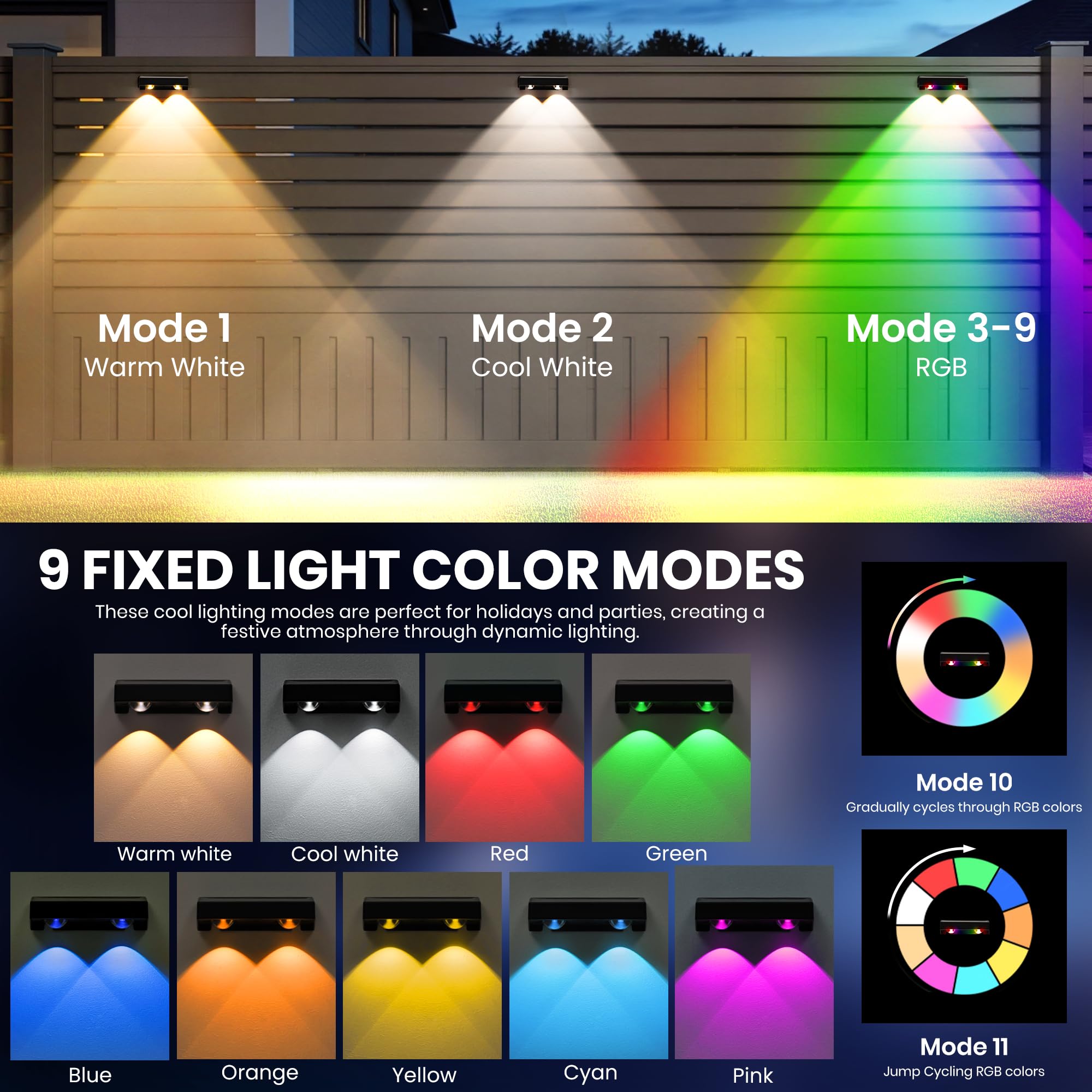 Solar Fence Lights Outdoor, Solar Wall Lights 9 Fixed Colors & Color Changing Modern Solar Powered Deck Lights For Step Stair Pa