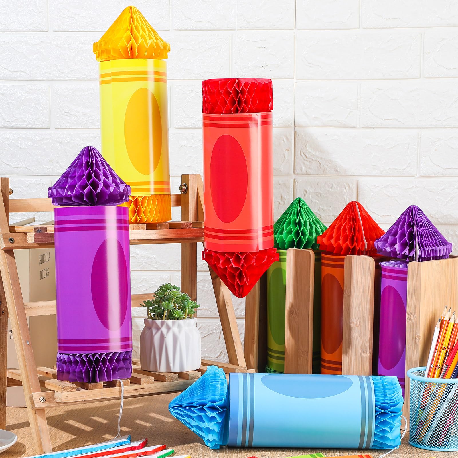 Retisee 12 Pcs Crayon Pencil Hanging Honeycomb Back To School Classroom Decorations Tissue Paper Hanging Crayon Hanging Honeycomb Ceiling Party Decorations First Day Decor(Multicolored)