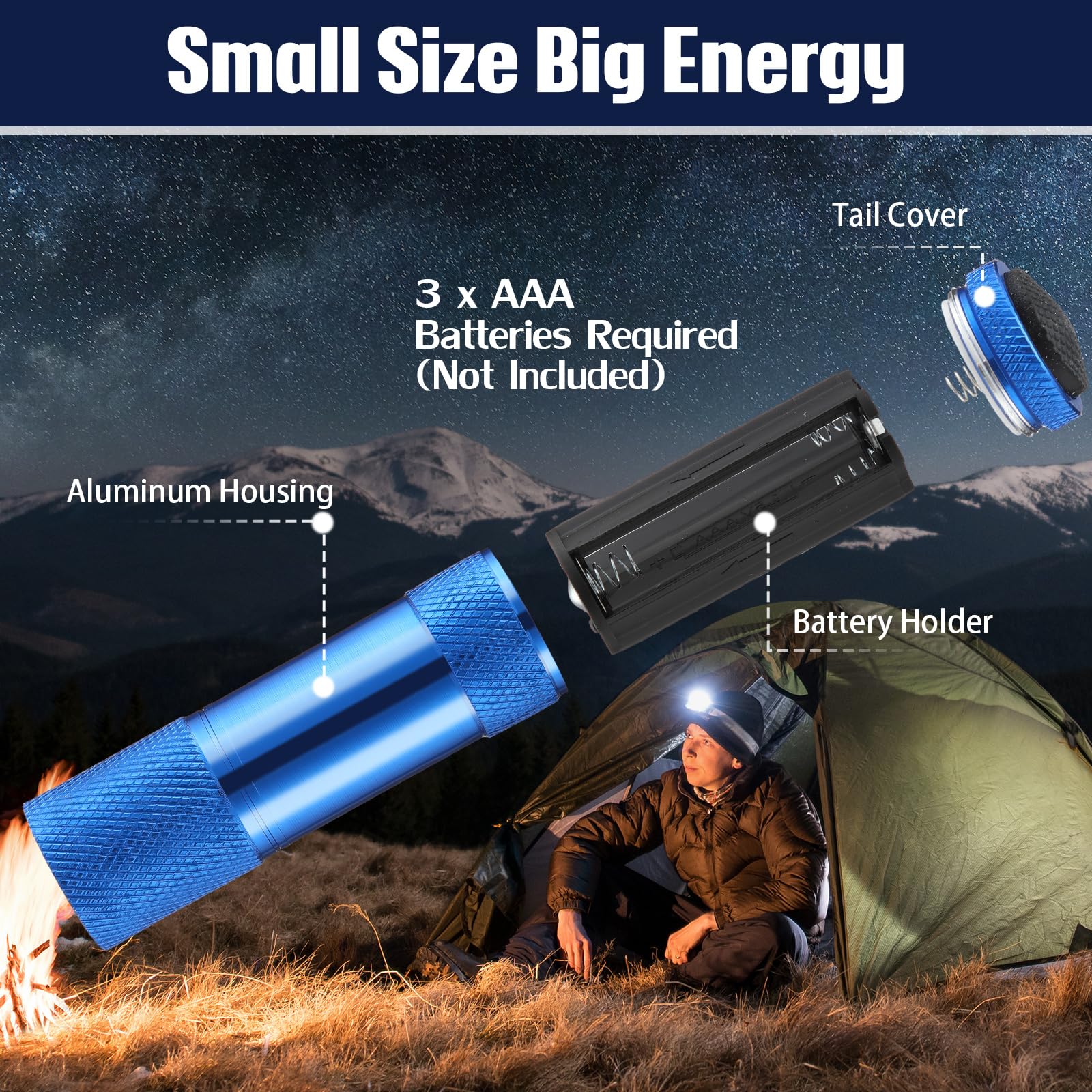 VIHOSE Mini Flashlights, 12 Pcs Bulk, Bright Aluminum LED, Small Size, Blue