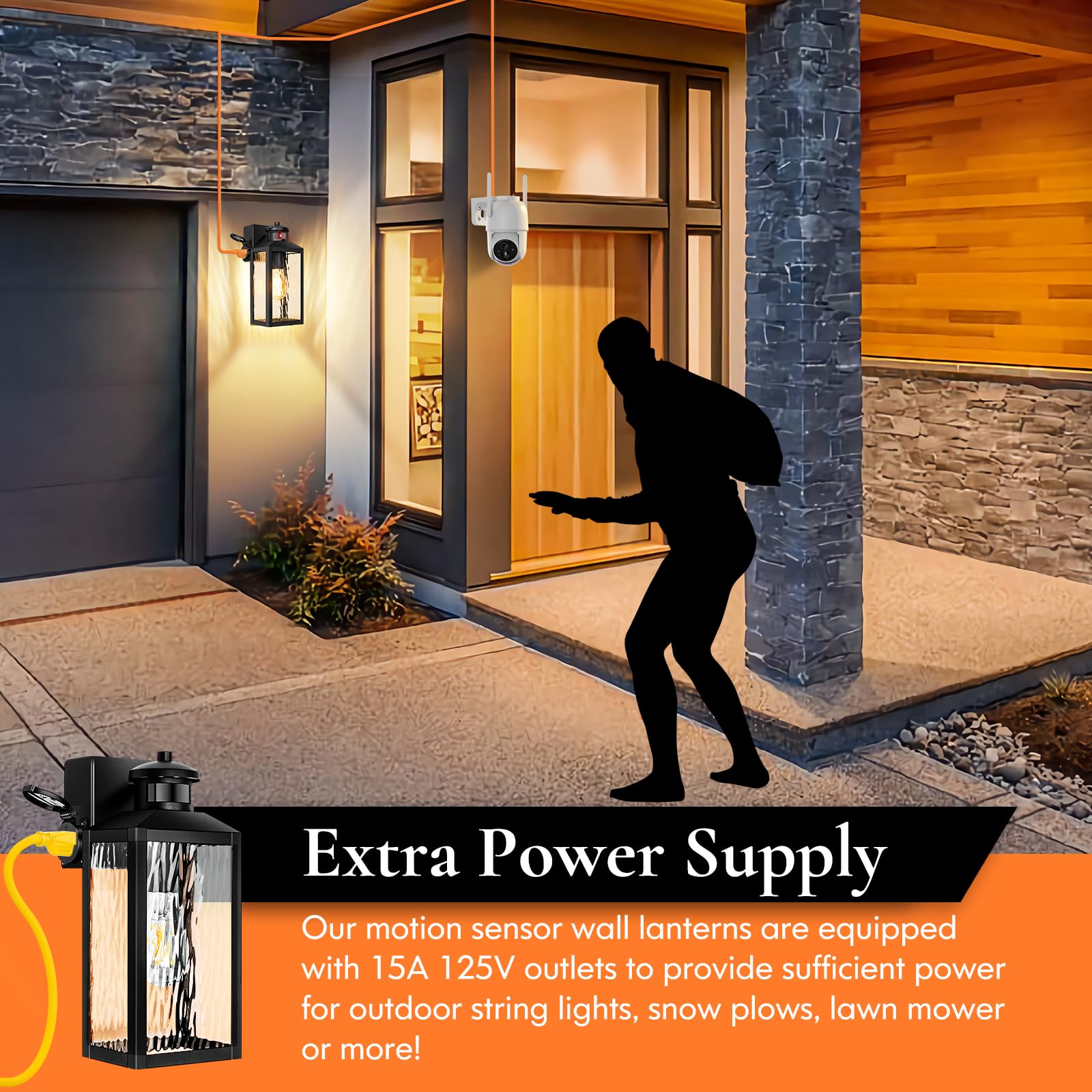 Motion Sensor Porch Lights With Outlets, Black Dusk To Dawn Outdoor Lighting, 3 Lighting Modes Exterior Light Fixtures With Wate