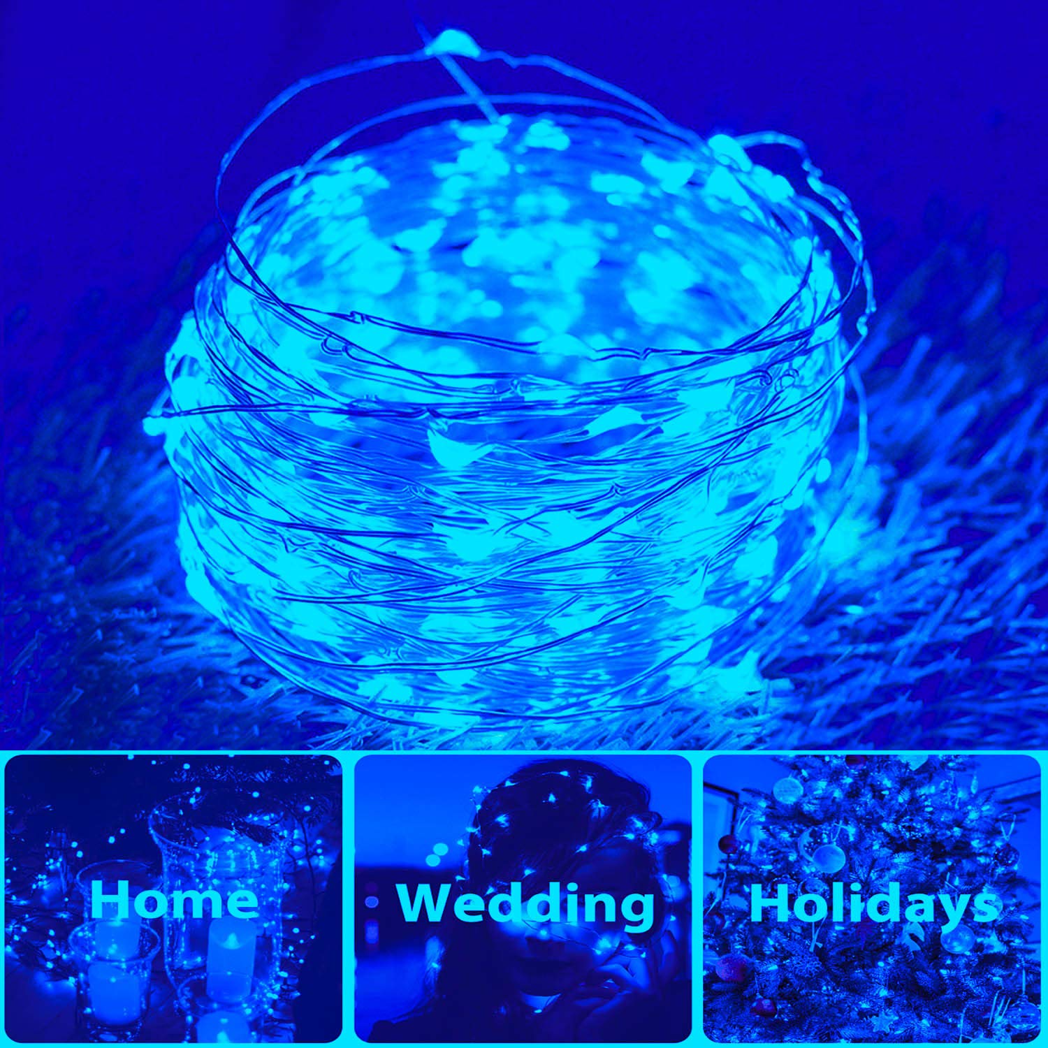 Daylightir 2 Pack Total 200 Led Solar Powered Copper Wire String Lights Outdoor, Waterproof, 8 Modes Fairy Lights For Garden, Patio, Party, Yard, Christmas (Blue)