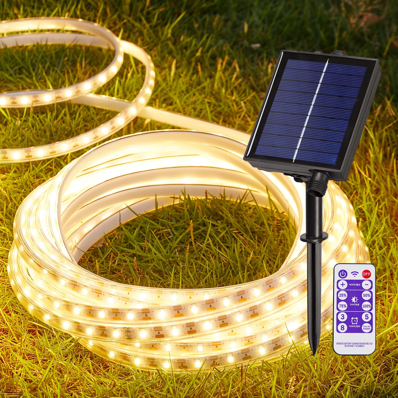 Luhlee 16.4Ft Solar Led Strip Lights, 300 Leds, Remote, 8 Modes, Warm White Outdoor Decor