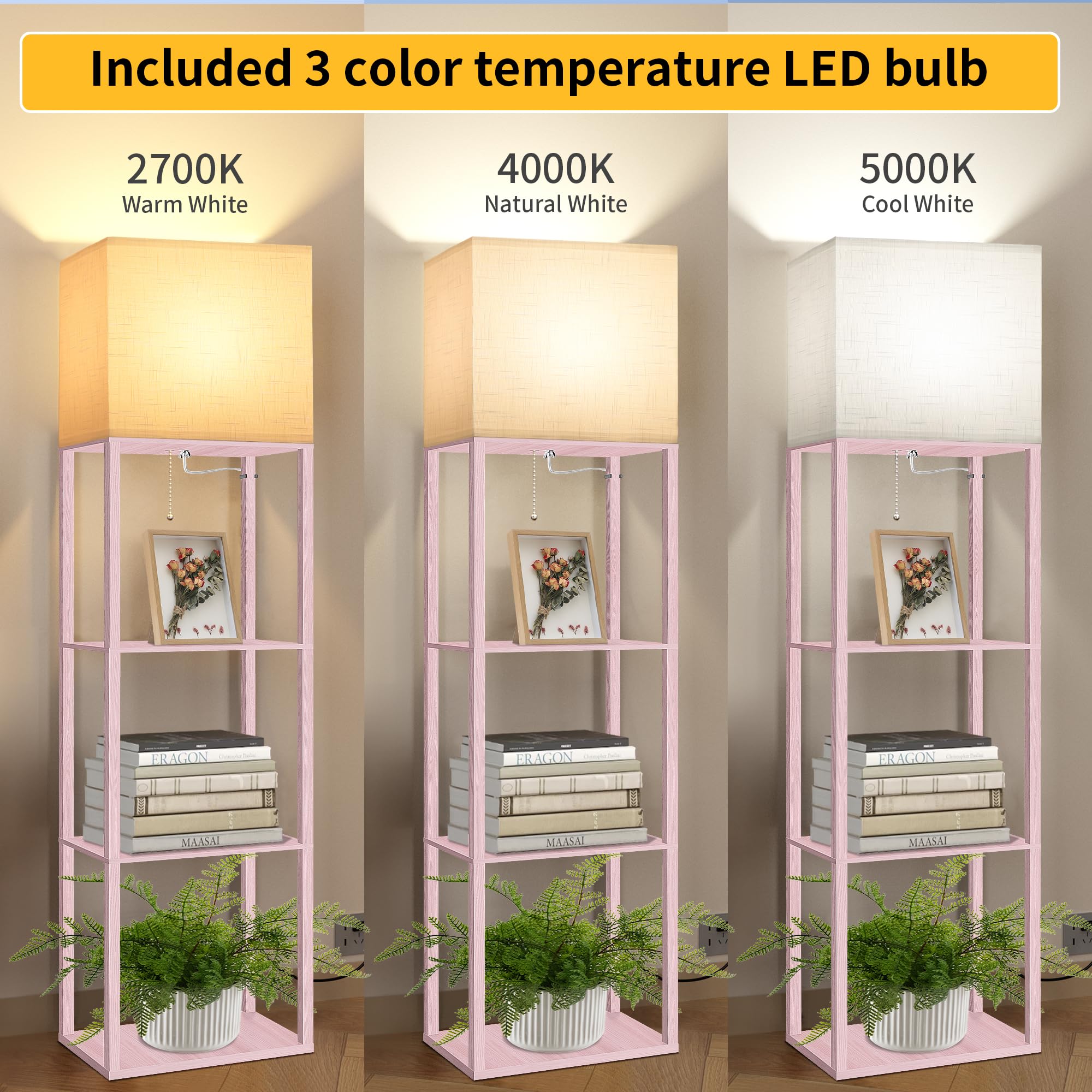 Dott Arts Floor Lamp with Shelves, 15.7in Wide, Wood, Pink, Model WLM1600-FLA-15W-17, Modern LED Display Shelf Lamp for Living Room